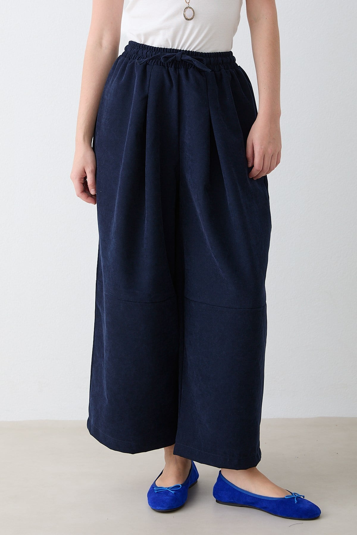 Beli Lastikli Süet Pantolon - Lacivert