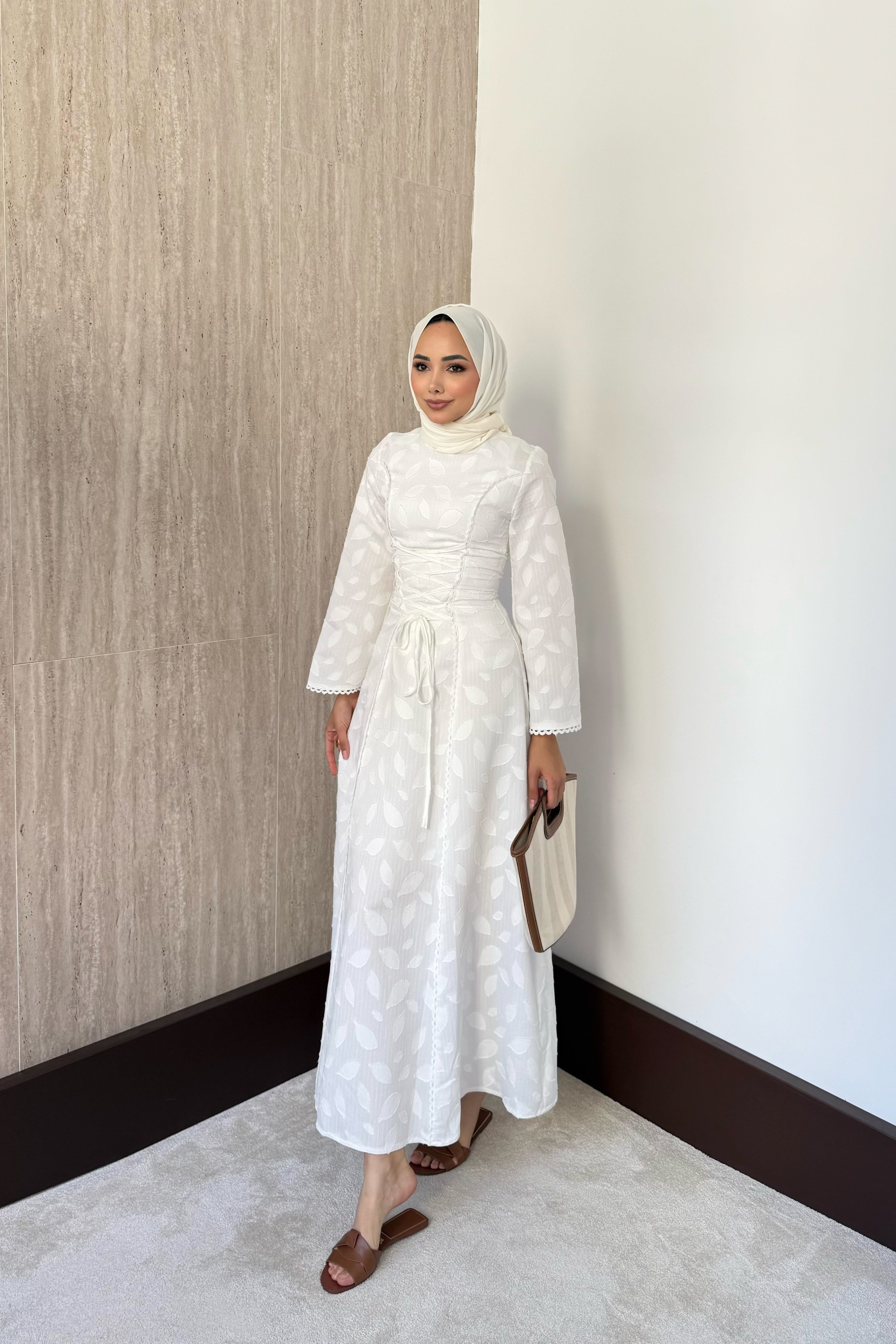 Birit Bağlamalı Dantel Elbise - Ekru