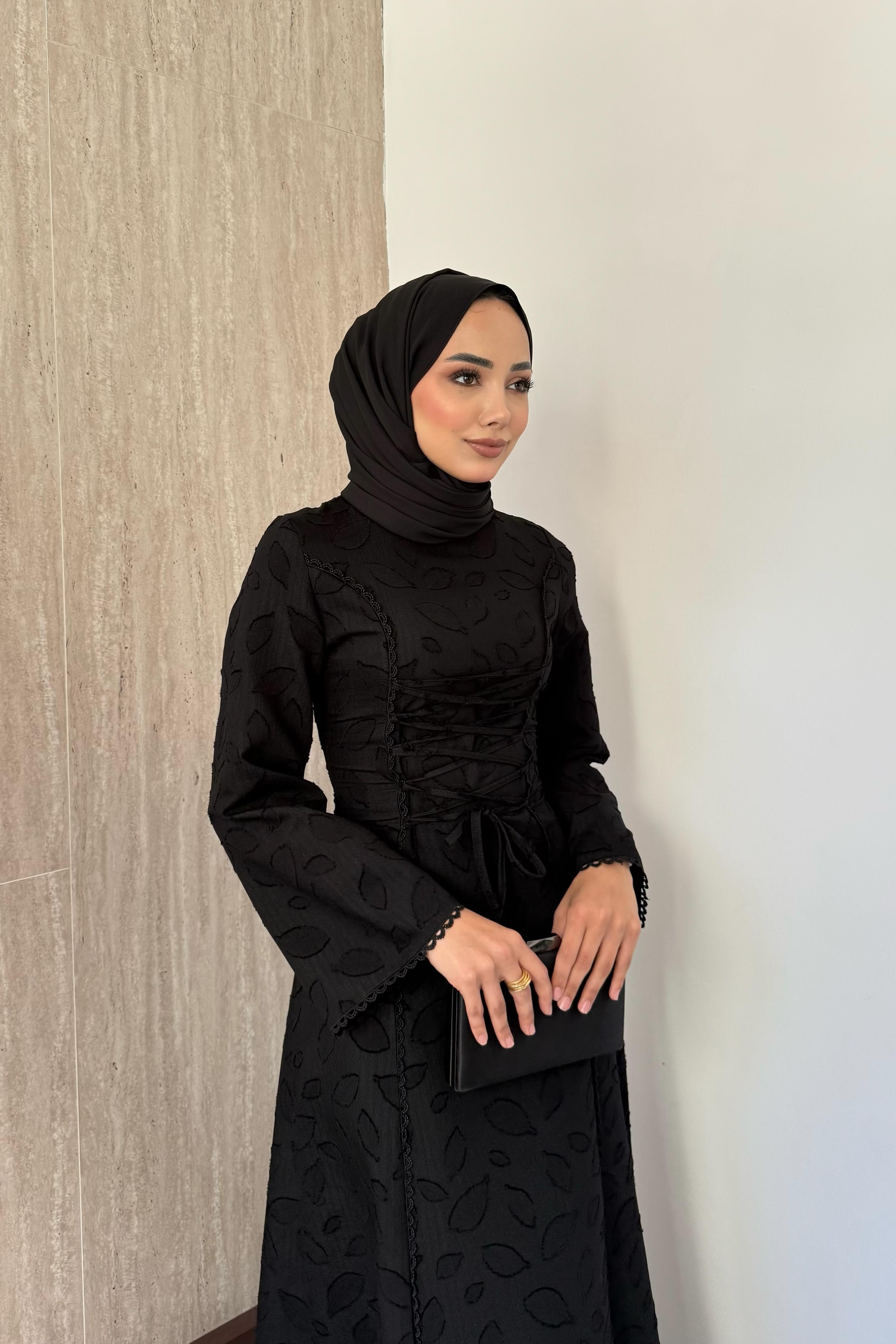 Birit Bağlamalı Dantel Elbise - Siyah