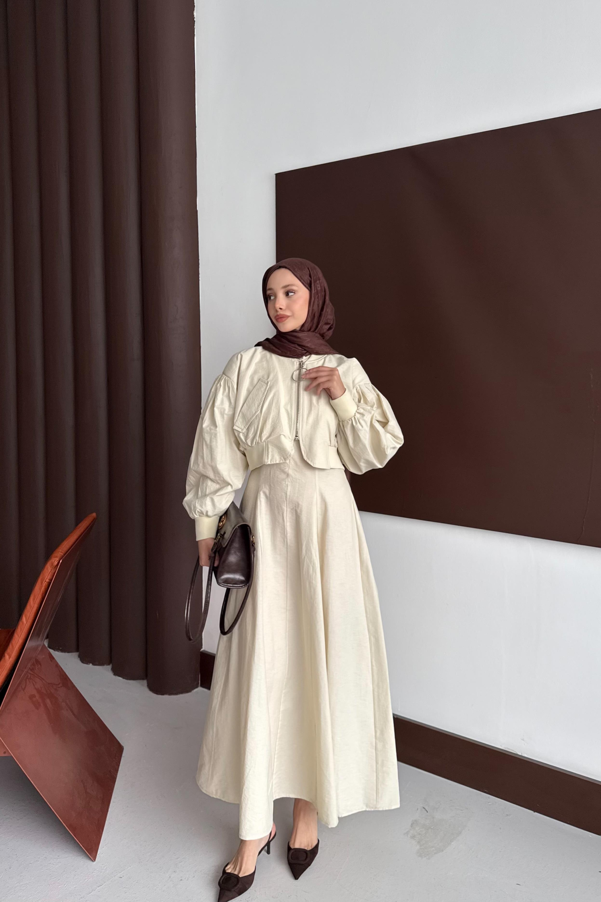 Bomber Ceketli Elbise - Bej