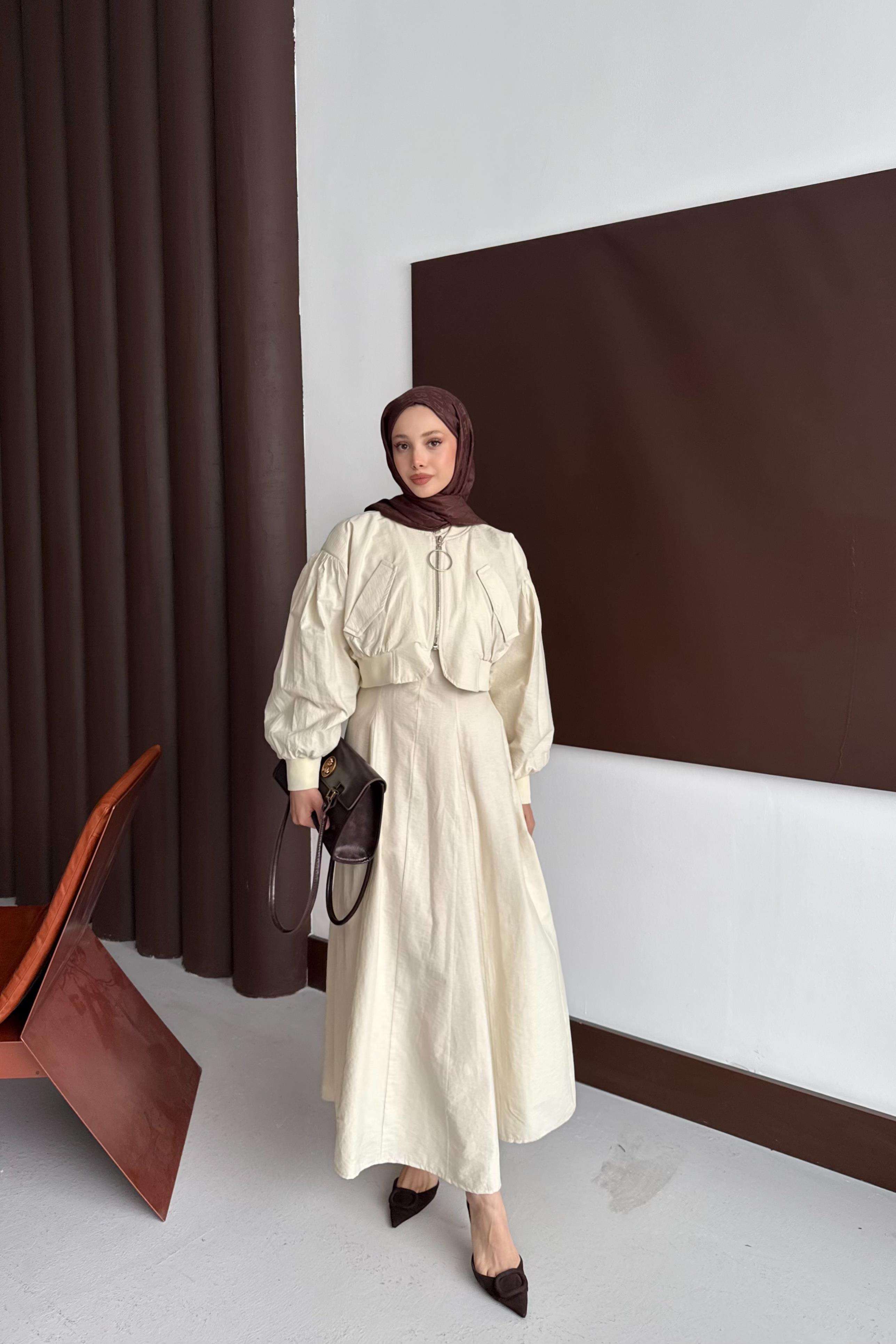 Bomber Ceketli Elbise - Bej