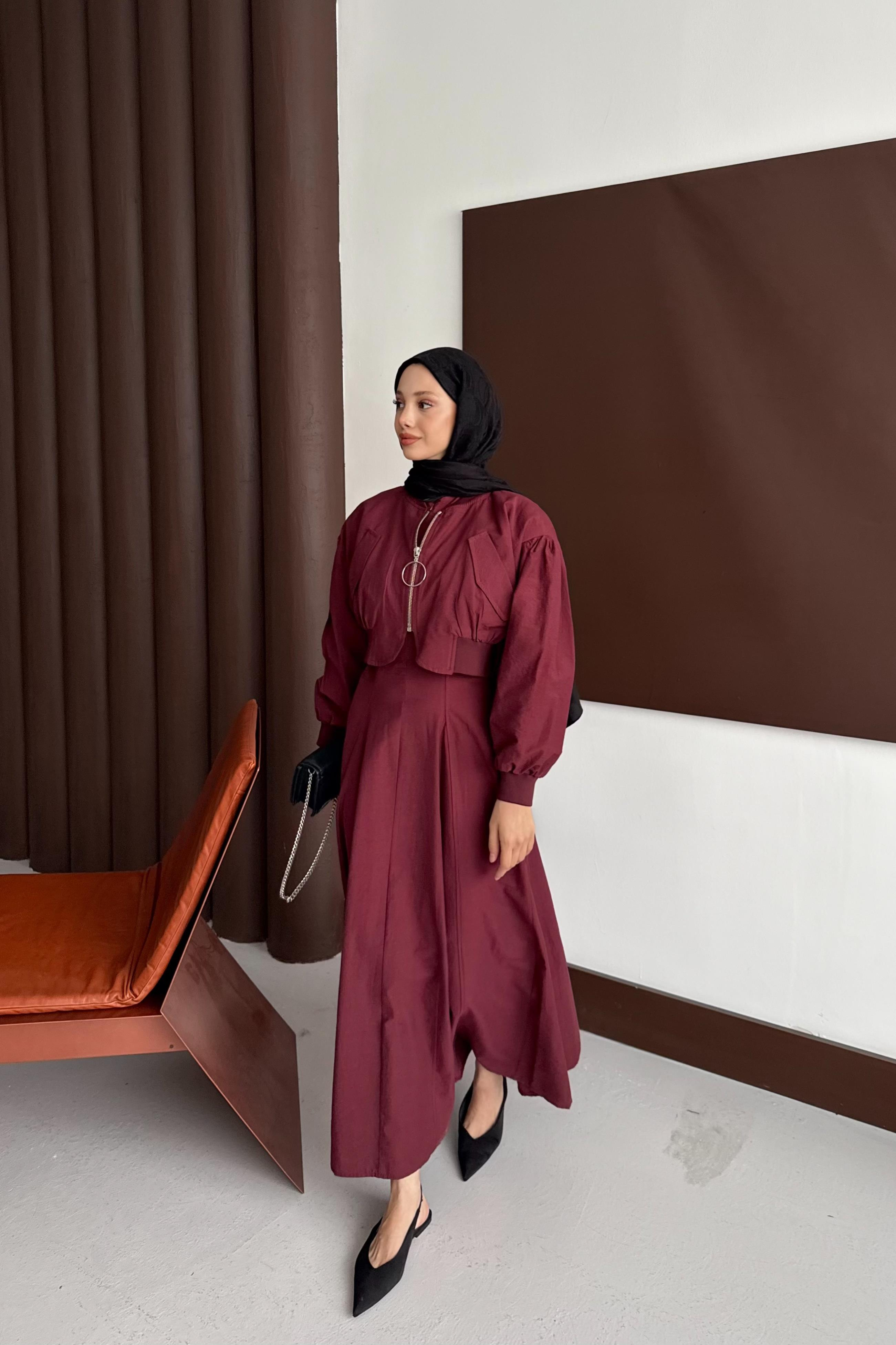 Bomber Ceketli Elbise - Bordo