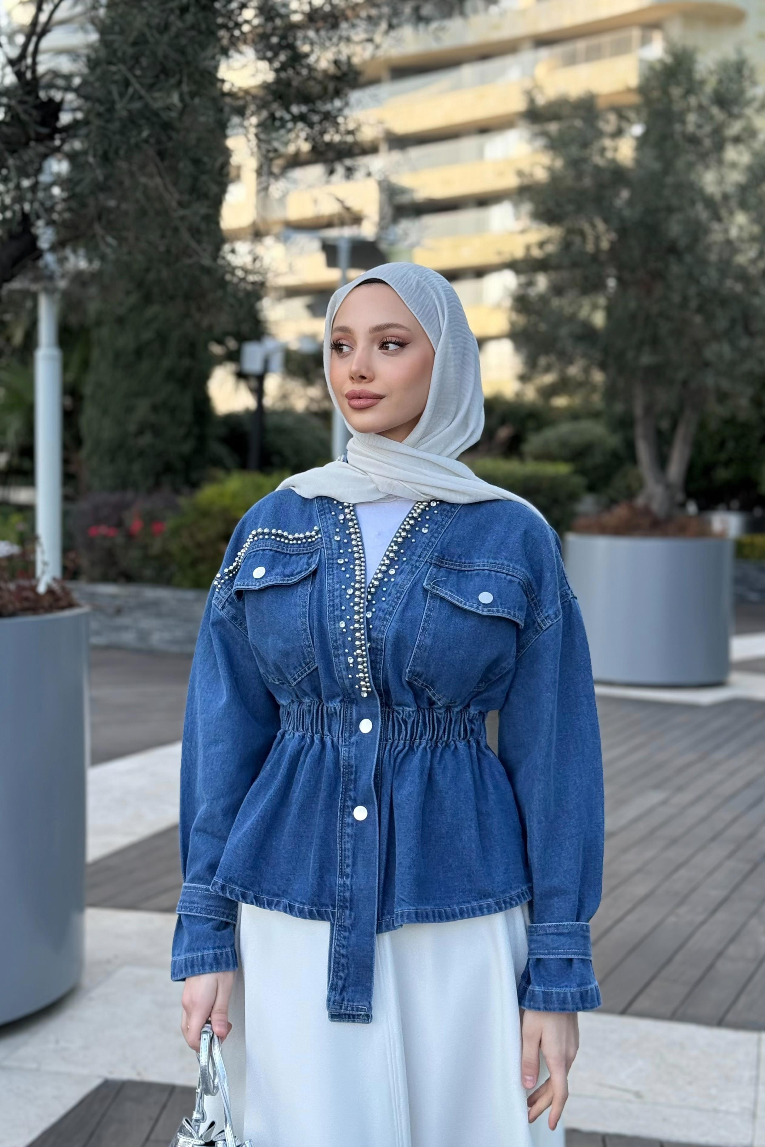 Boncuk İşlemeli Kot Ceket - Mavi