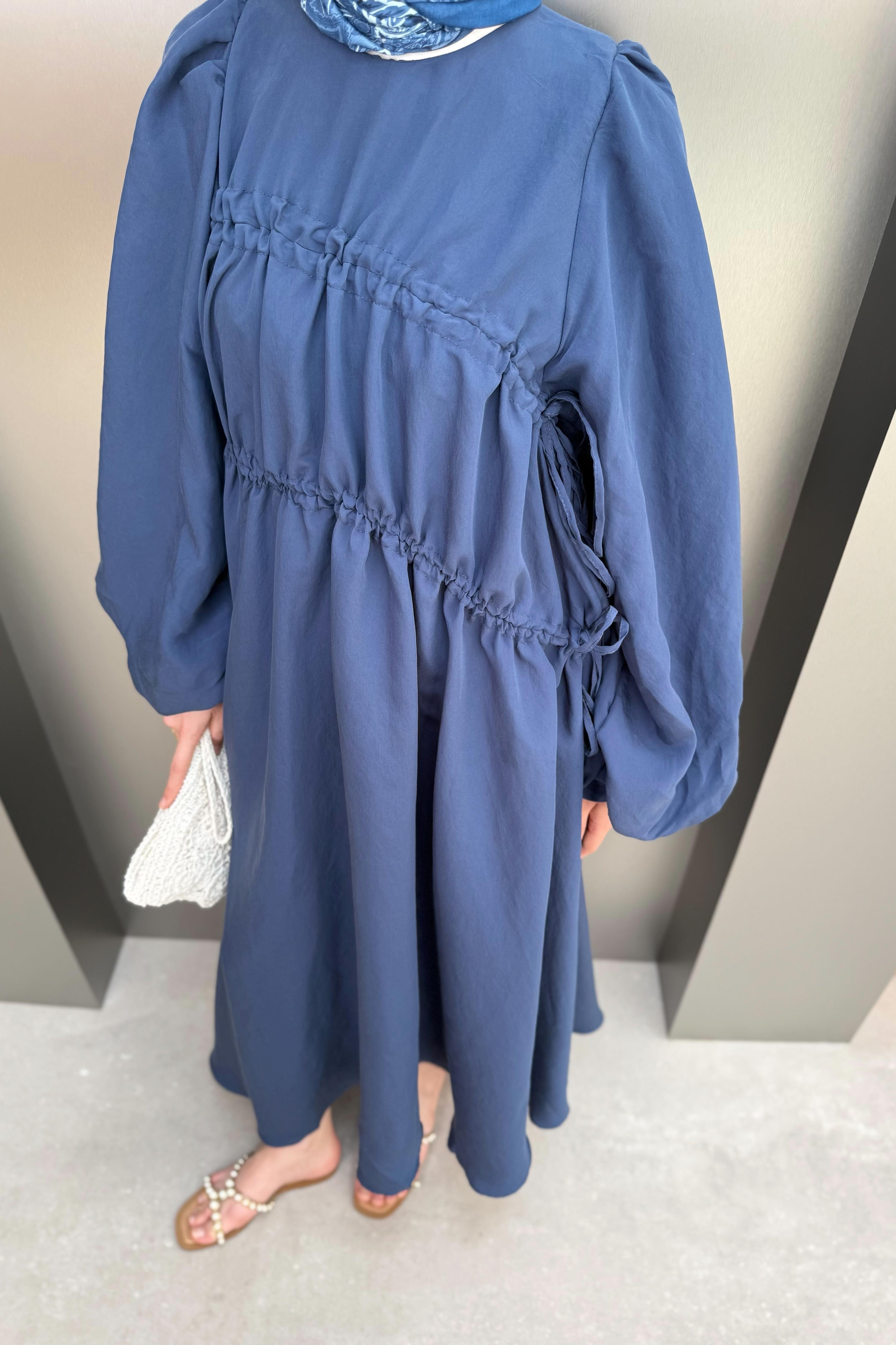 Büzgülü Balon Kol Elbise - Lacivert