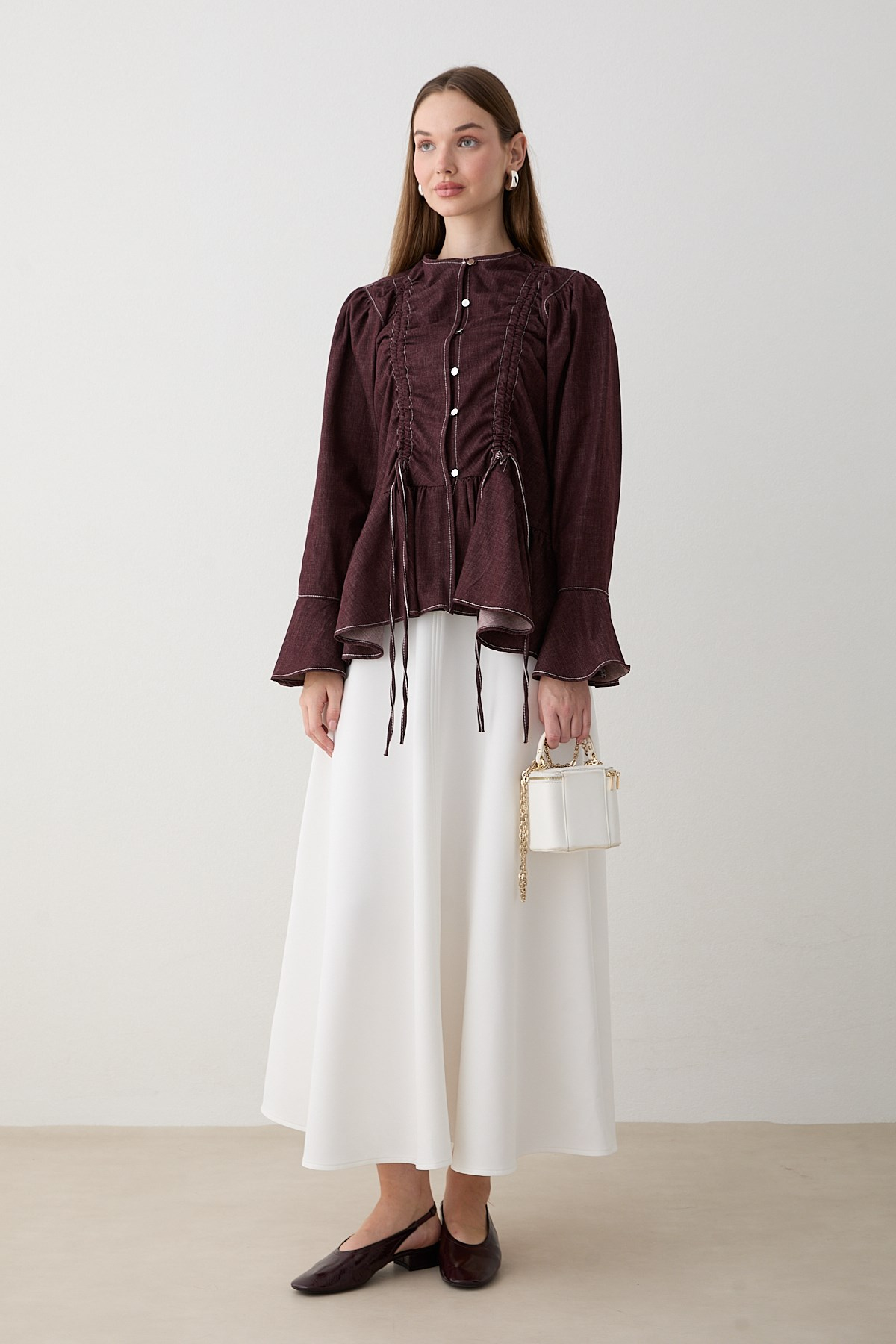 Büzgülü Peplum Kot Gömlek - Bordo