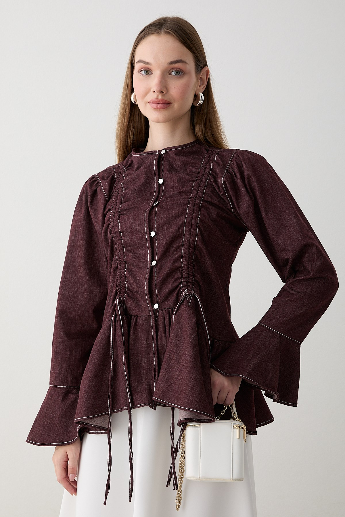 Büzgülü Peplum Kot Gömlek - Bordo