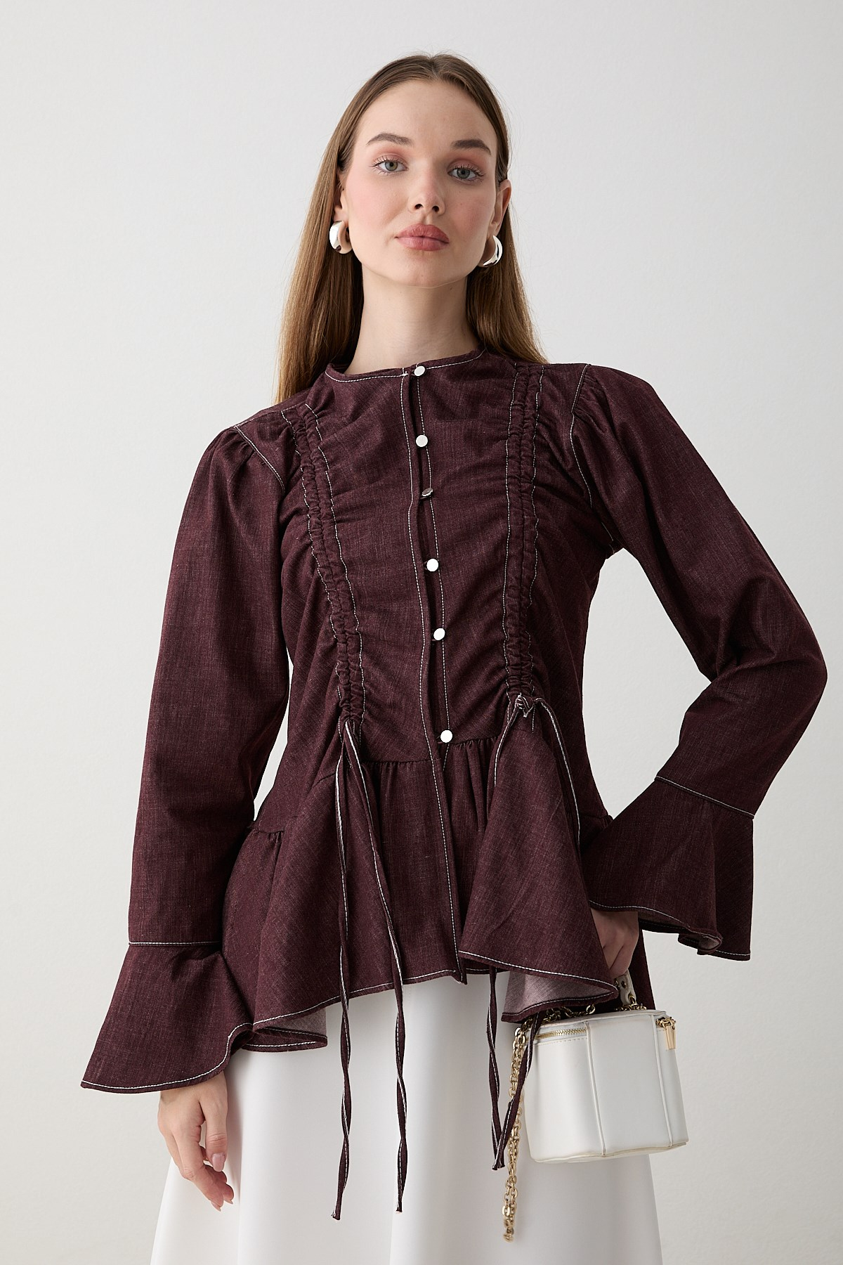Büzgülü Peplum Kot Gömlek - Bordo