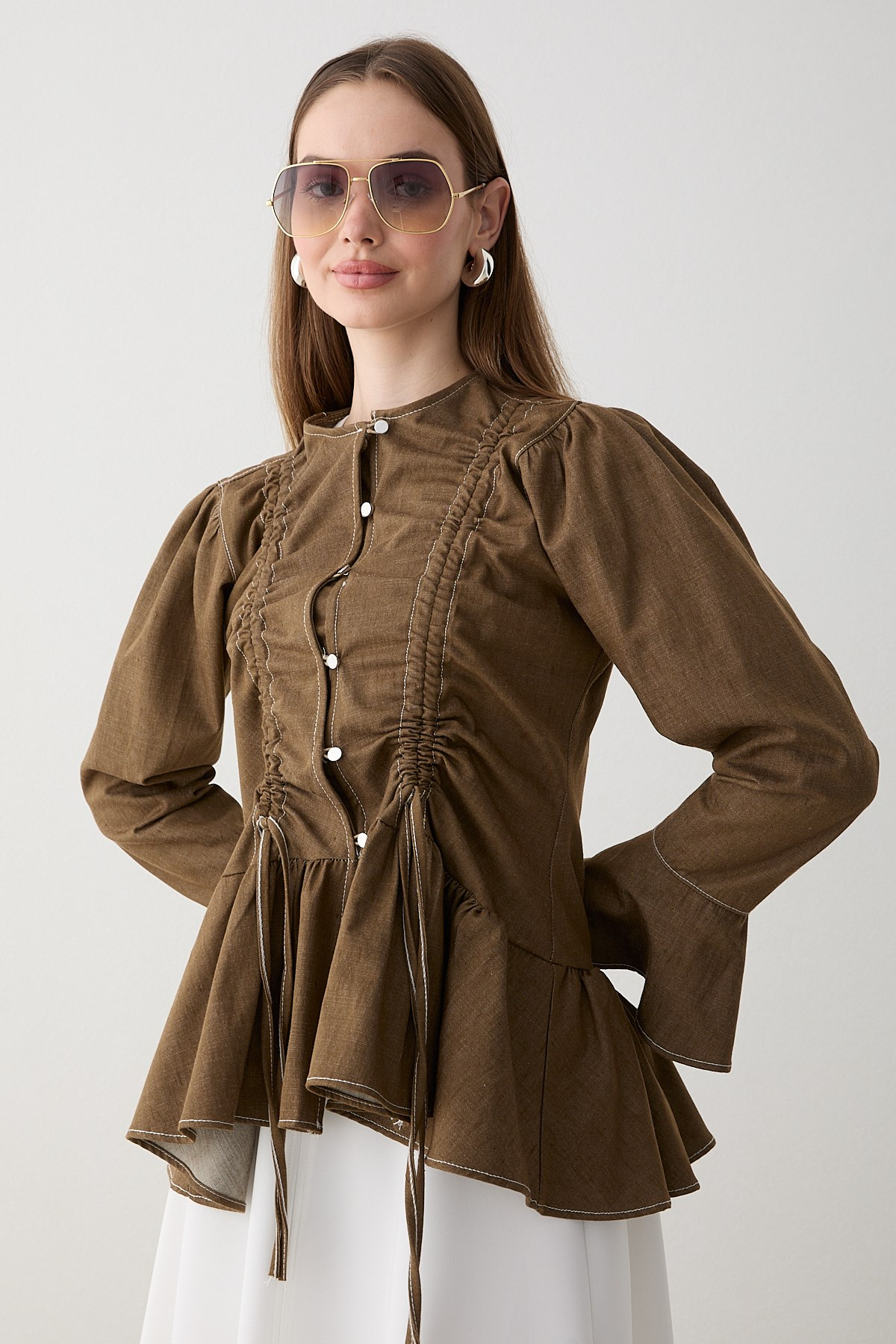 Büzgülü Peplum Kot Gömlek - Haki