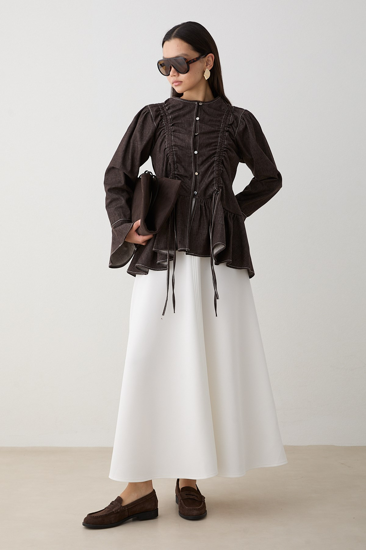 Büzgülü Peplum Kot Gömlek - Kahve