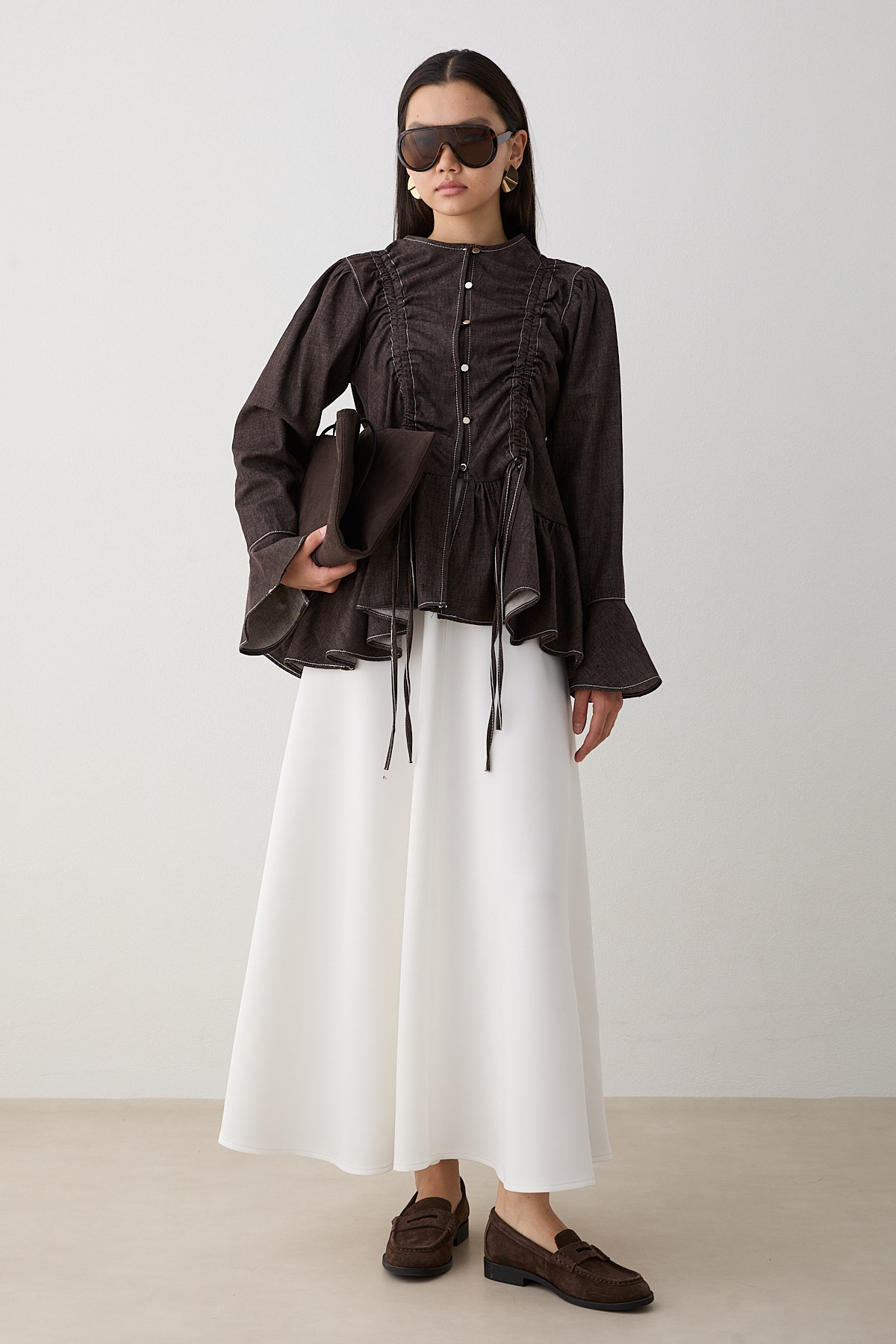 Büzgülü Peplum Kot Gömlek - Kahve