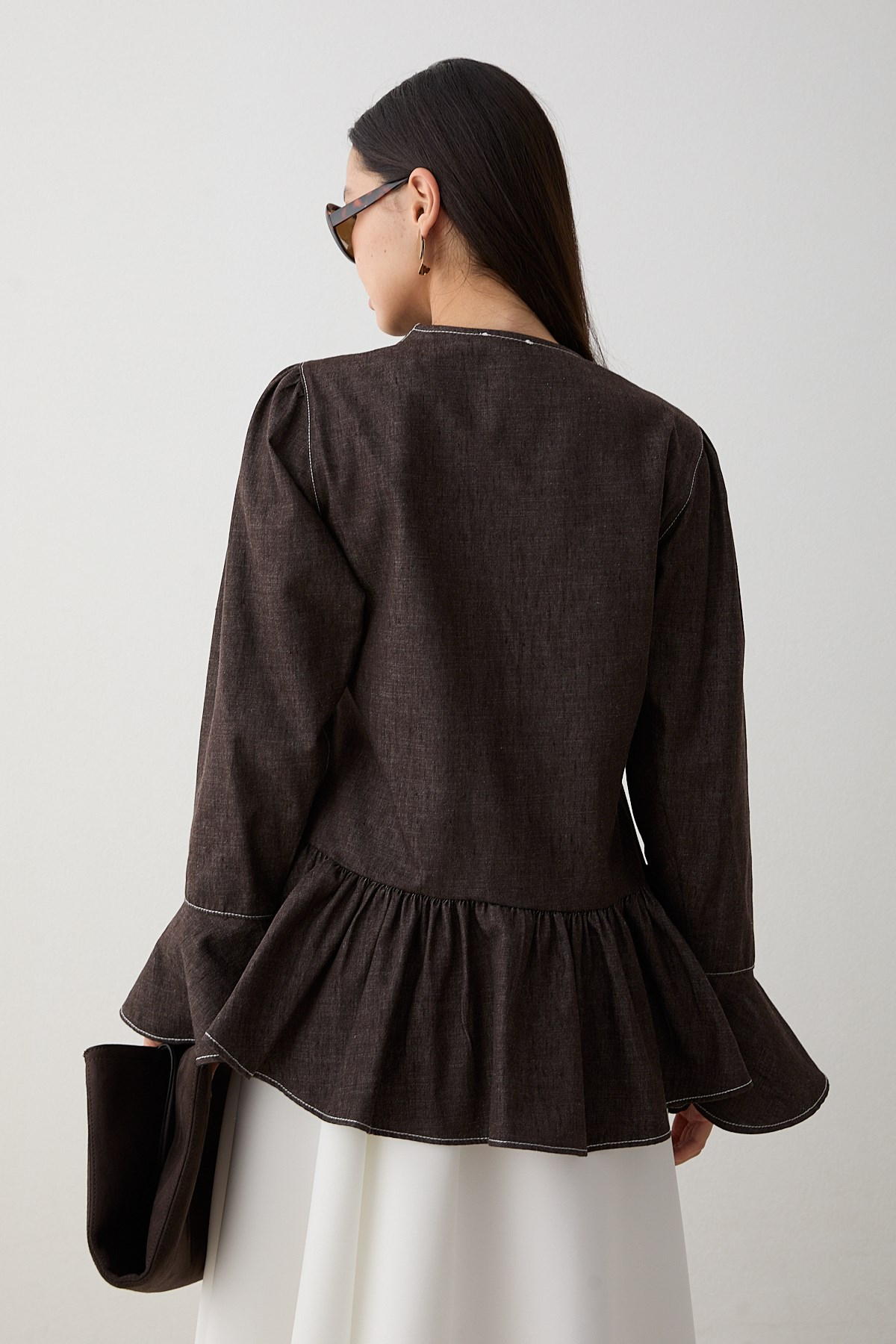 Büzgülü Peplum Kot Gömlek - Kahve