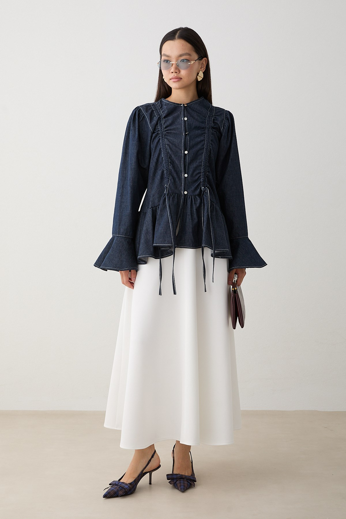 Büzgülü Peplum Kot Gömlek - Lacivert