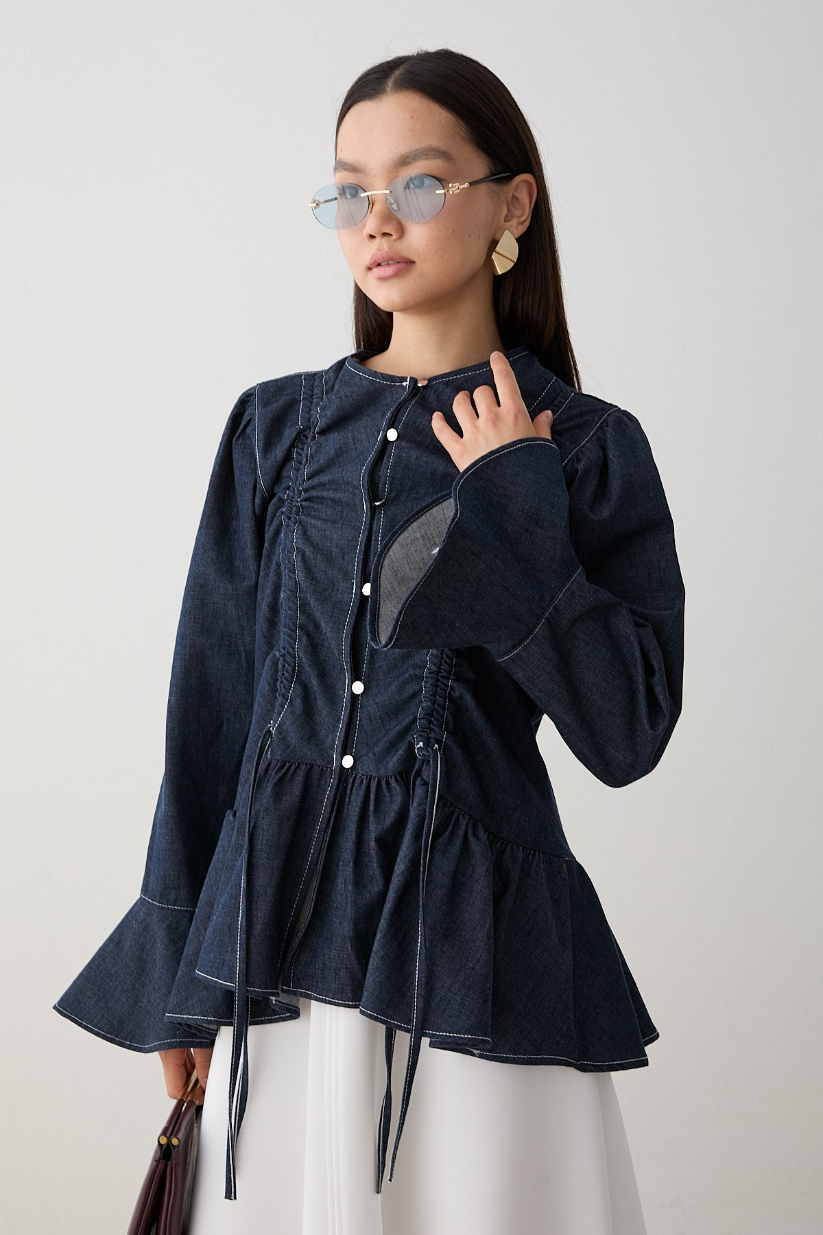 Büzgülü Peplum Kot Gömlek - Lacivert