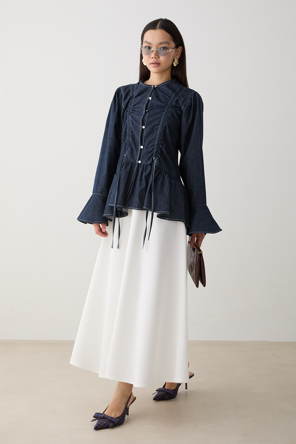 Büzgülü Peplum Kot Gömlek - Lacivert