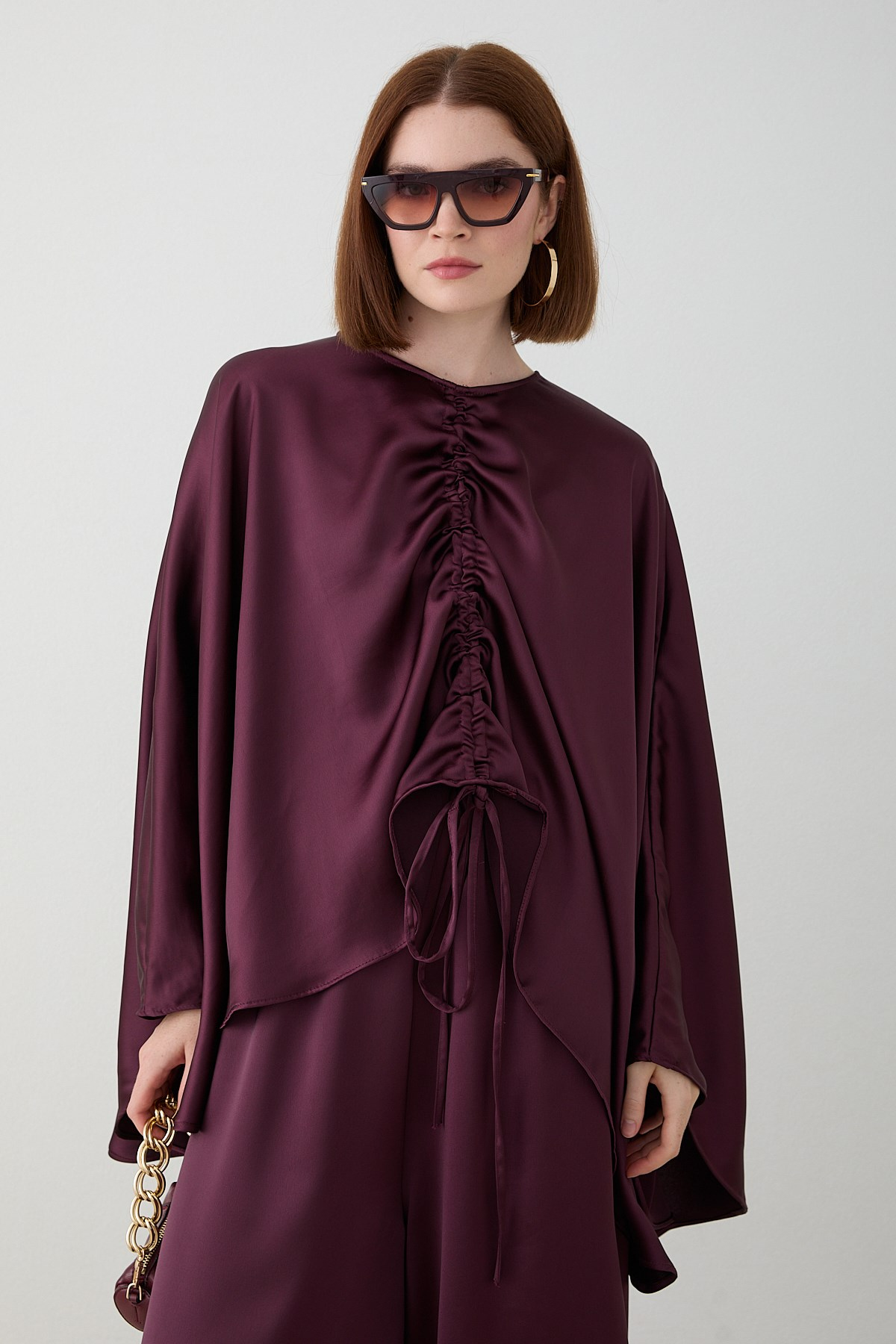 Büzgülü Saten Pantolonlu Takım - Bordo