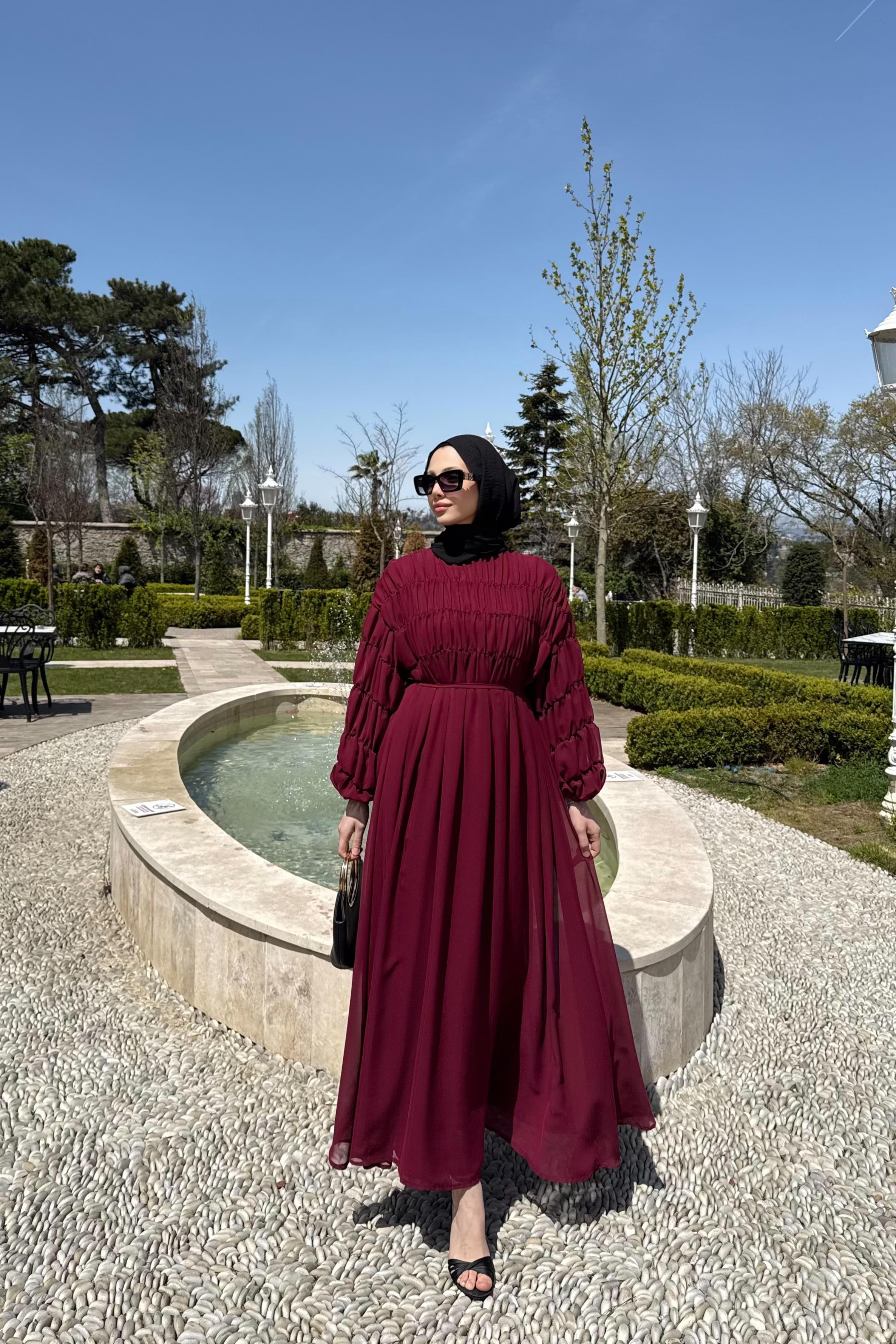 Büzgülü Şifon Elbise - Bordo