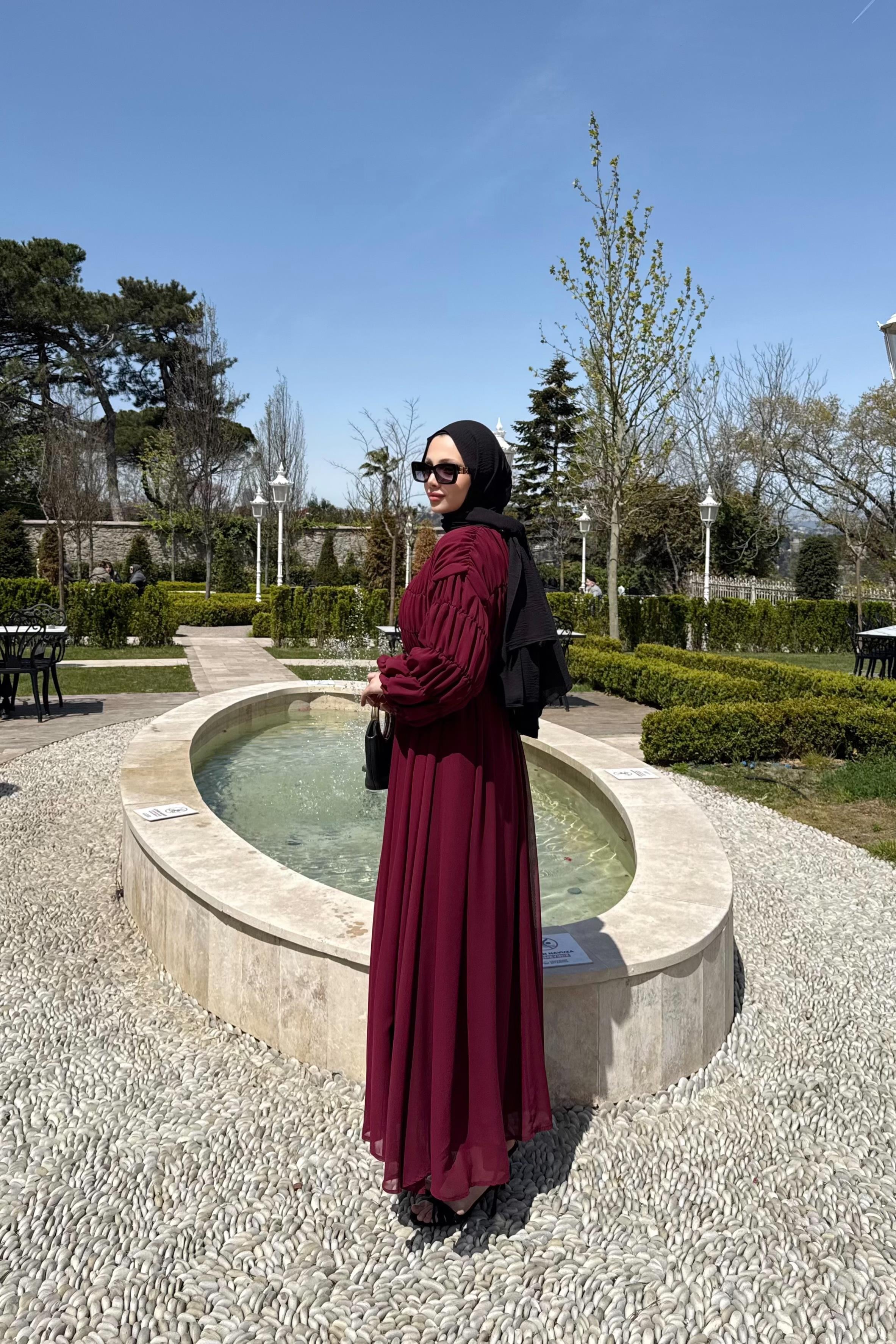 Büzgülü Şifon Elbise - Bordo