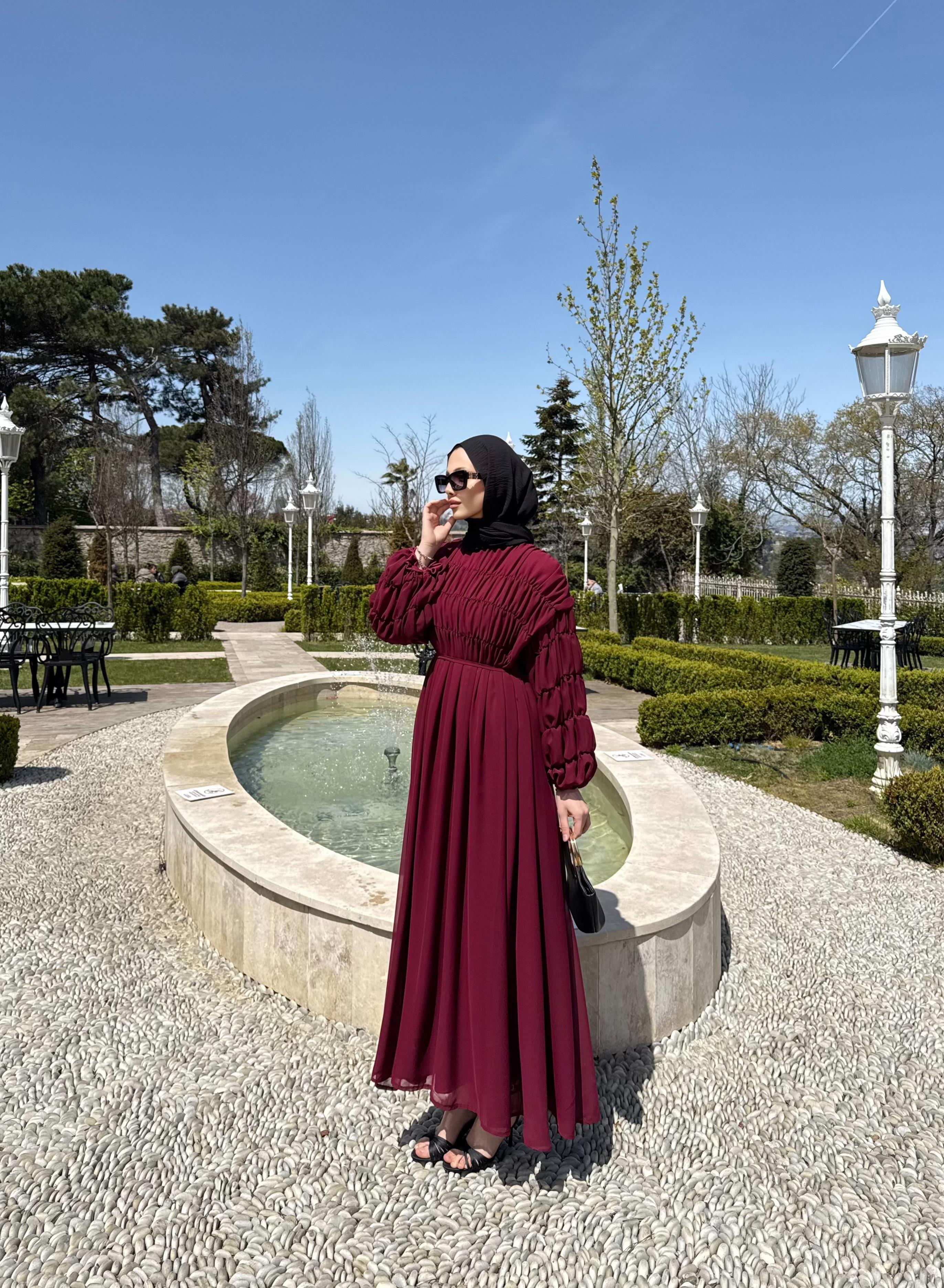 Büzgülü Şifon Elbise - Bordo