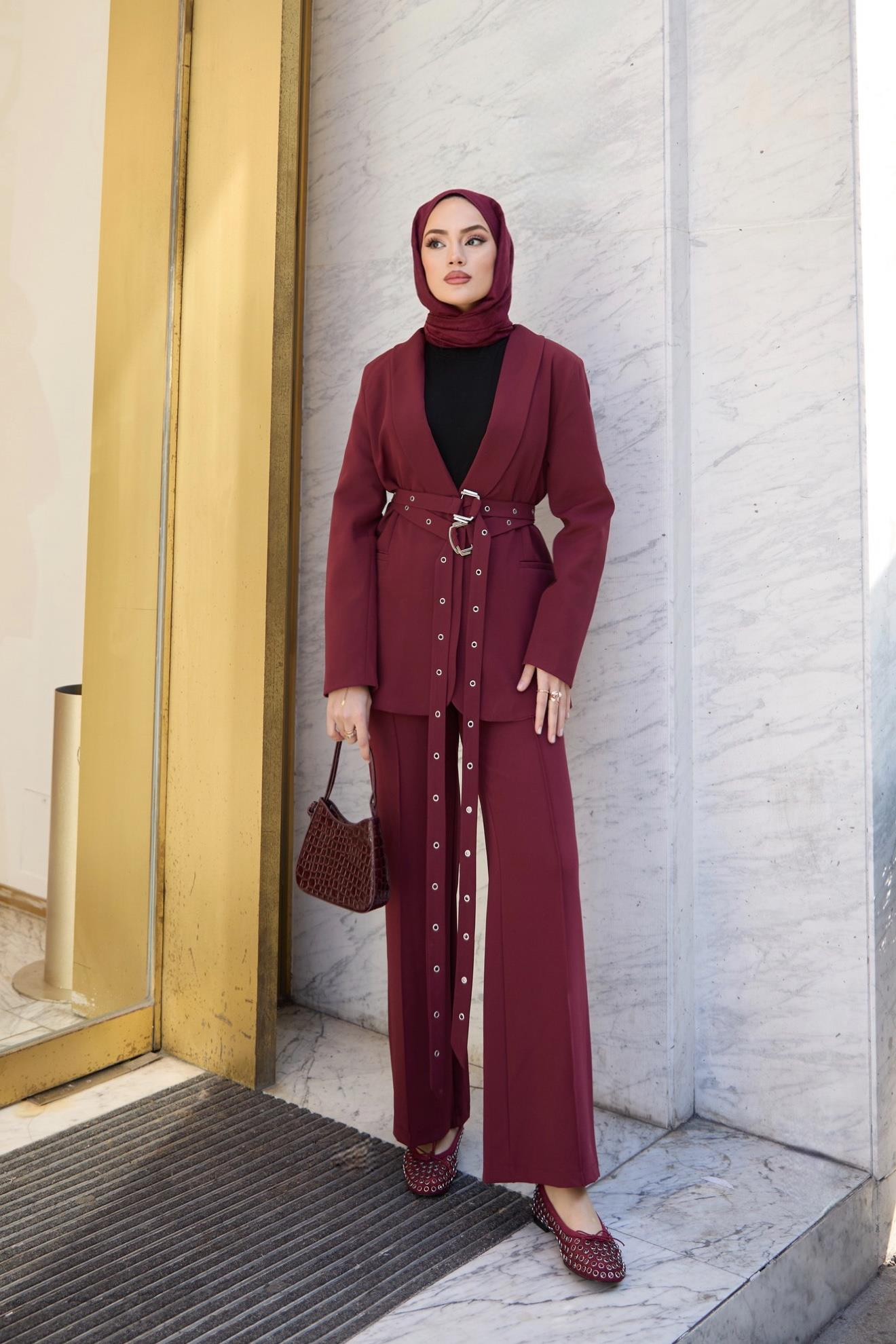 Çift Kemerli Blazer Takım - Bordo