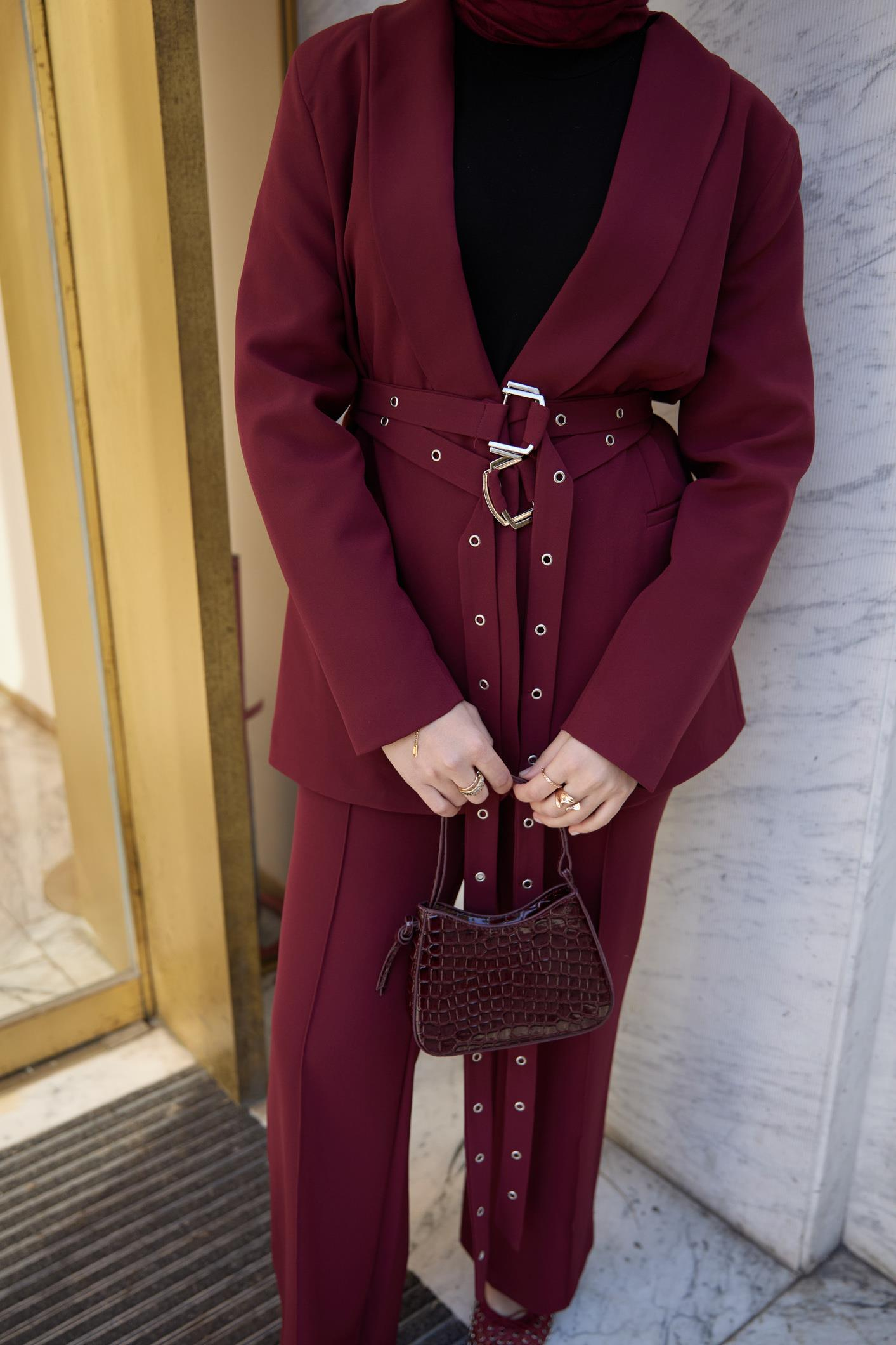 Çift Kemerli Blazer Takım - Bordo