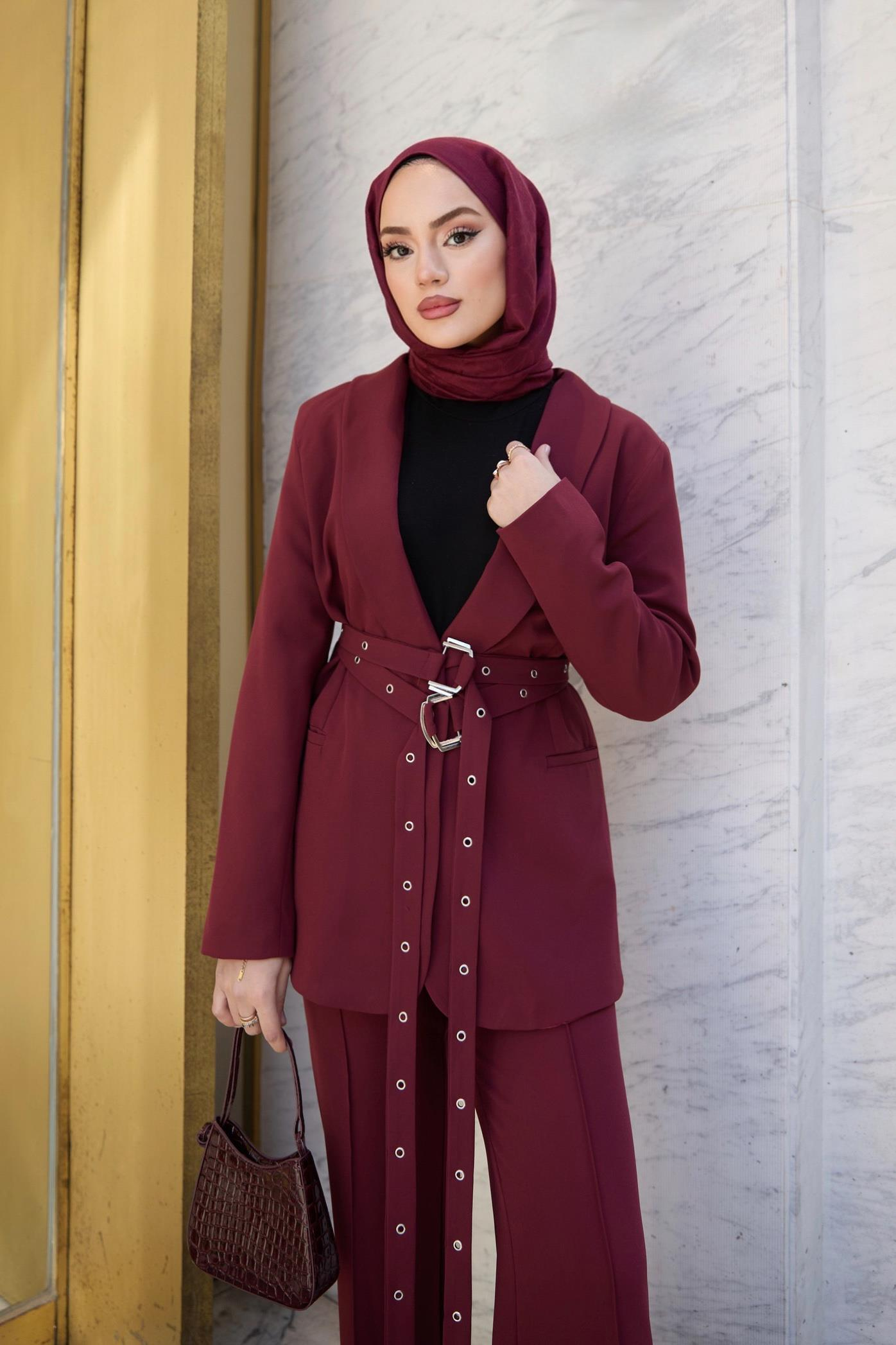 Çift Kemerli Blazer Takım - Bordo