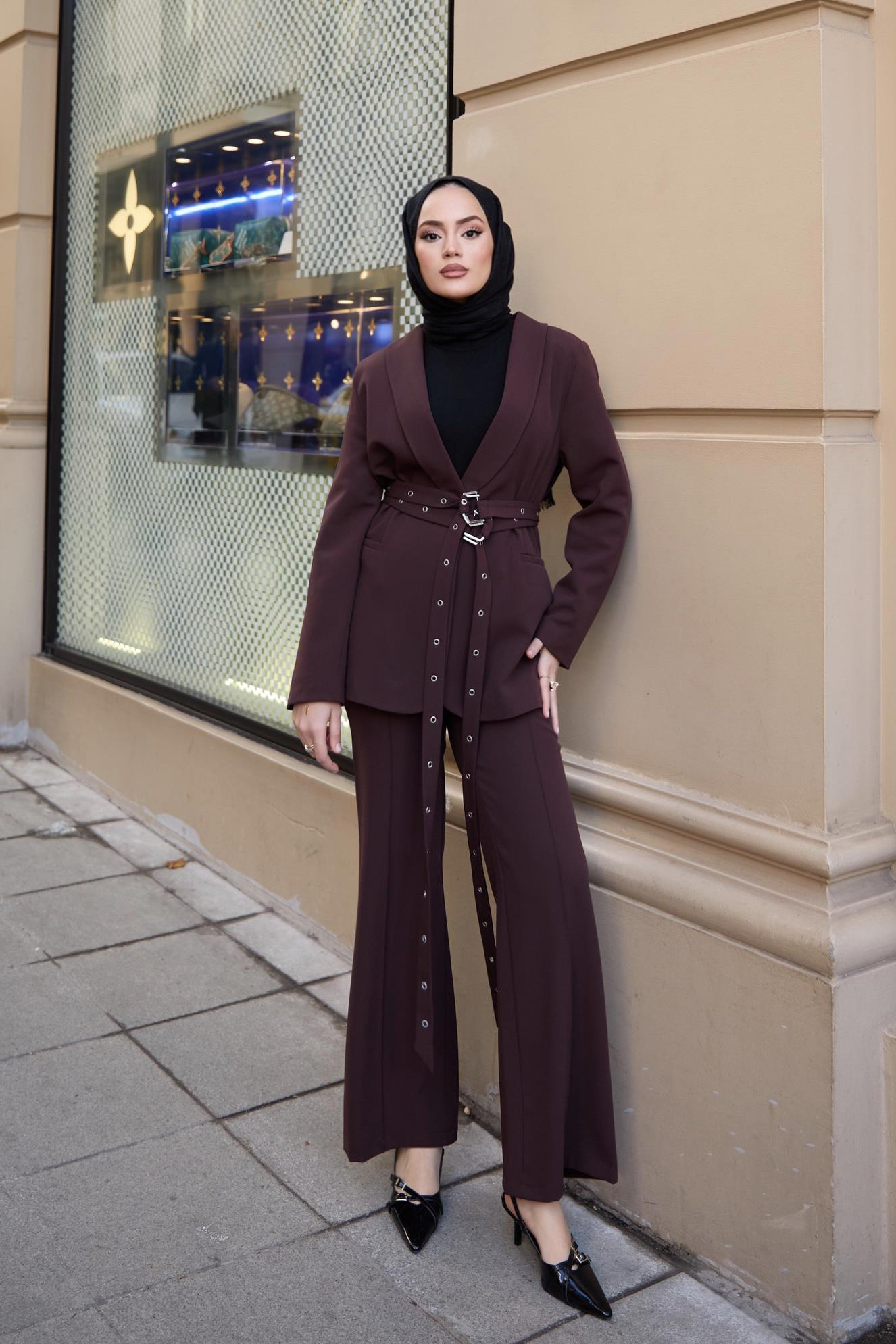 Çift Kemerli Blazer Takım - Kahve