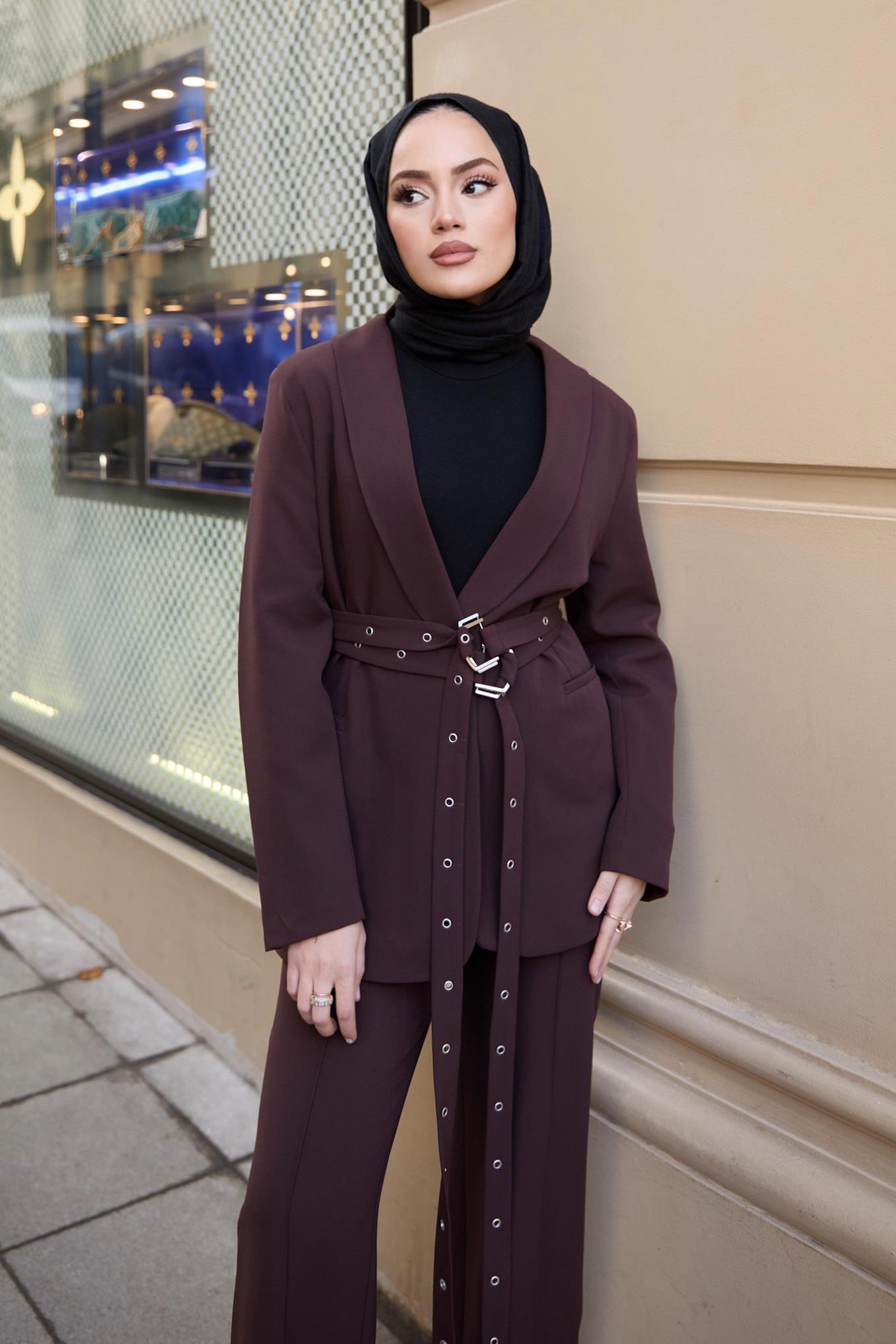 Çift Kemerli Blazer Takım - Kahve