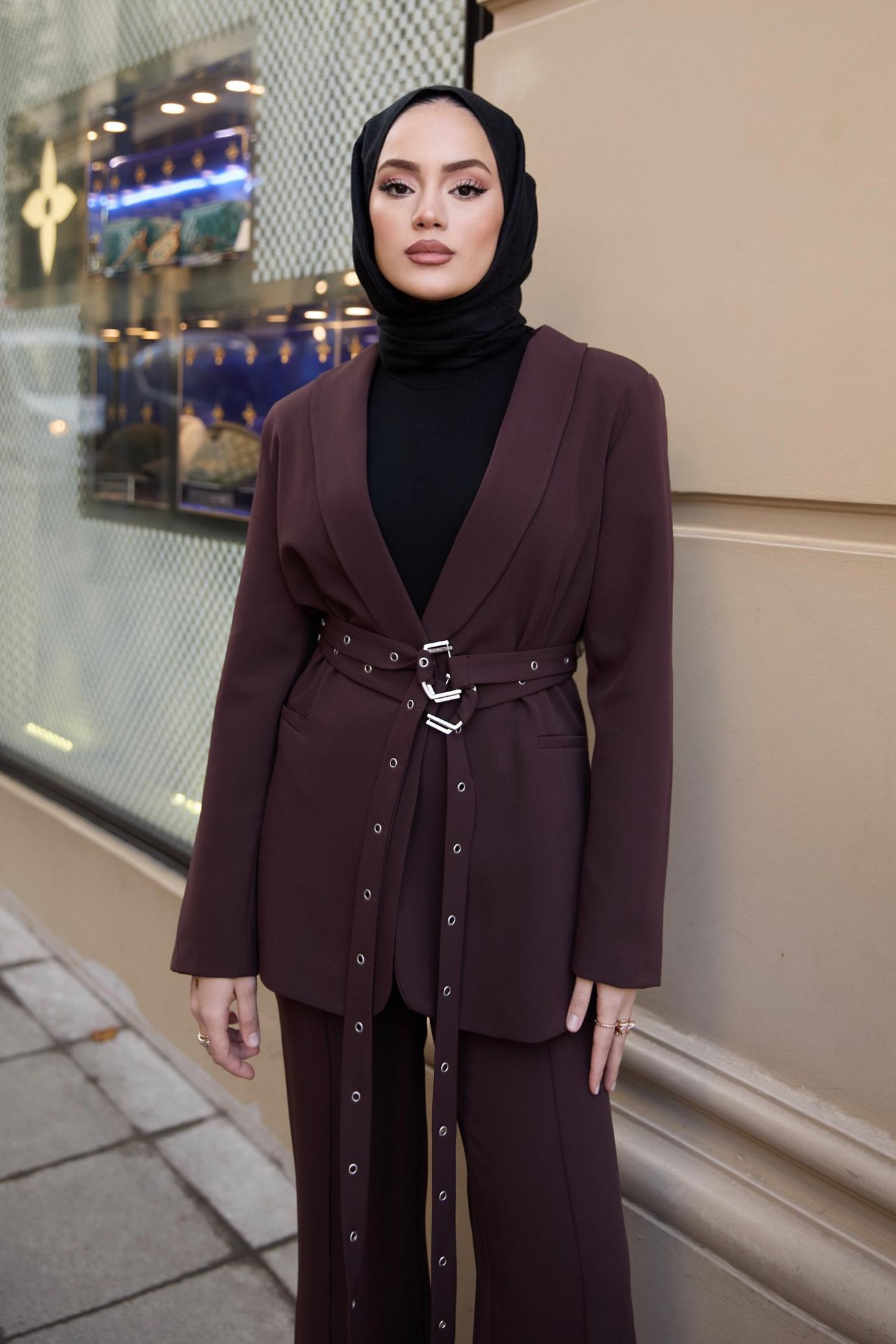 Çift Kemerli Blazer Takım - Kahve