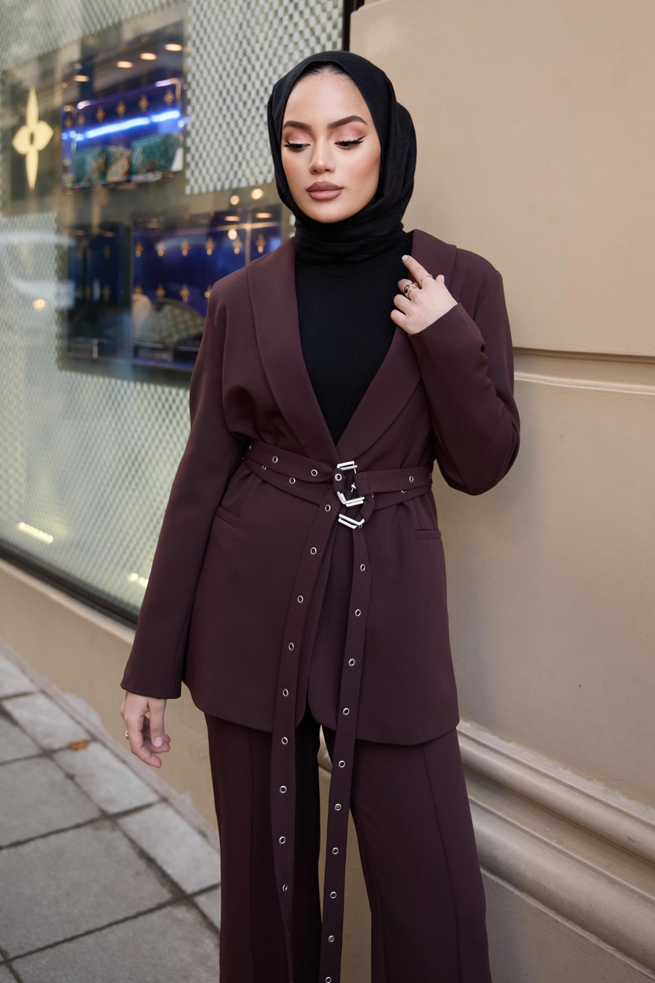 Çift Kemerli Blazer Takım - Kahve