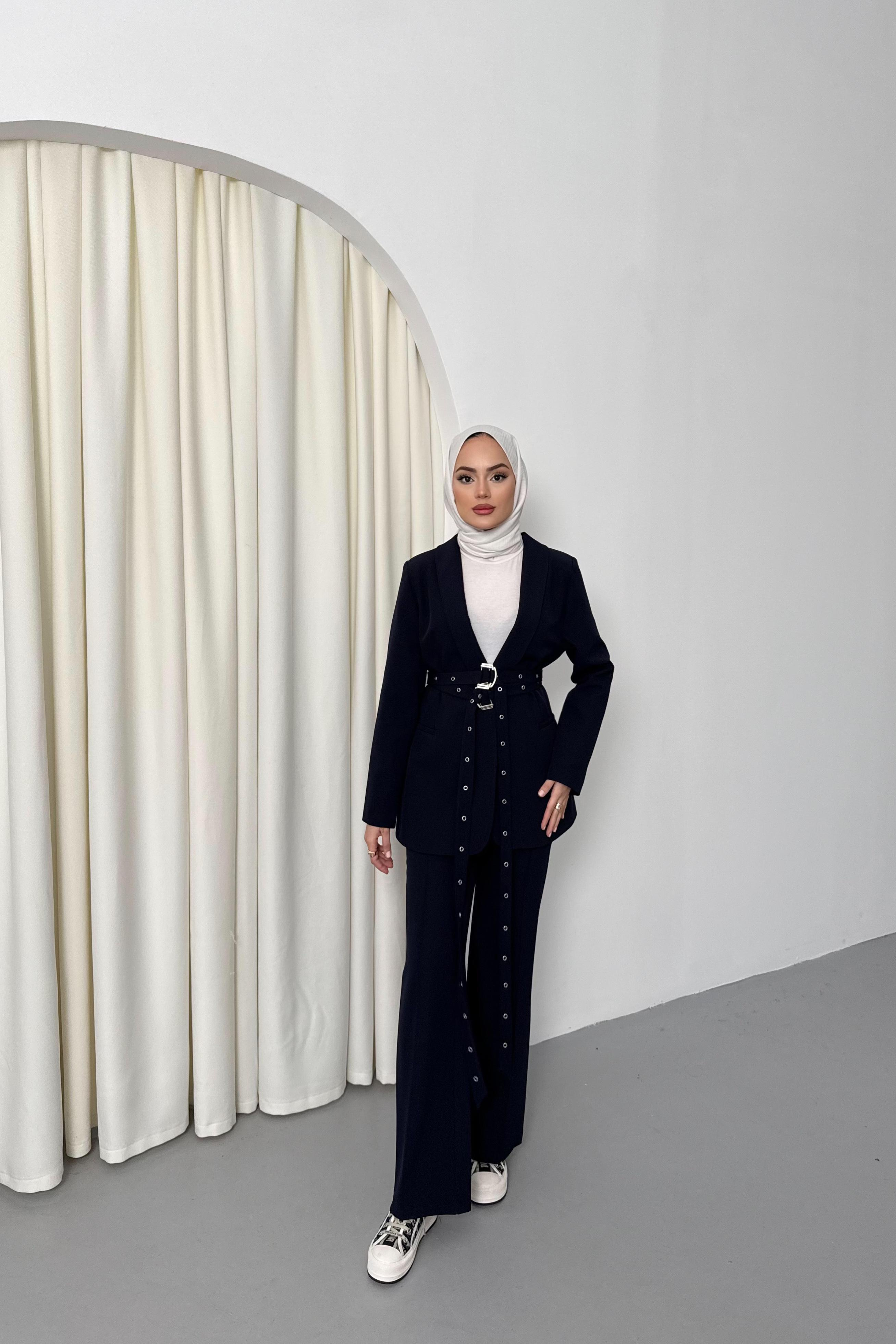 Çift Kemerli Blazer Takım - Lacivert