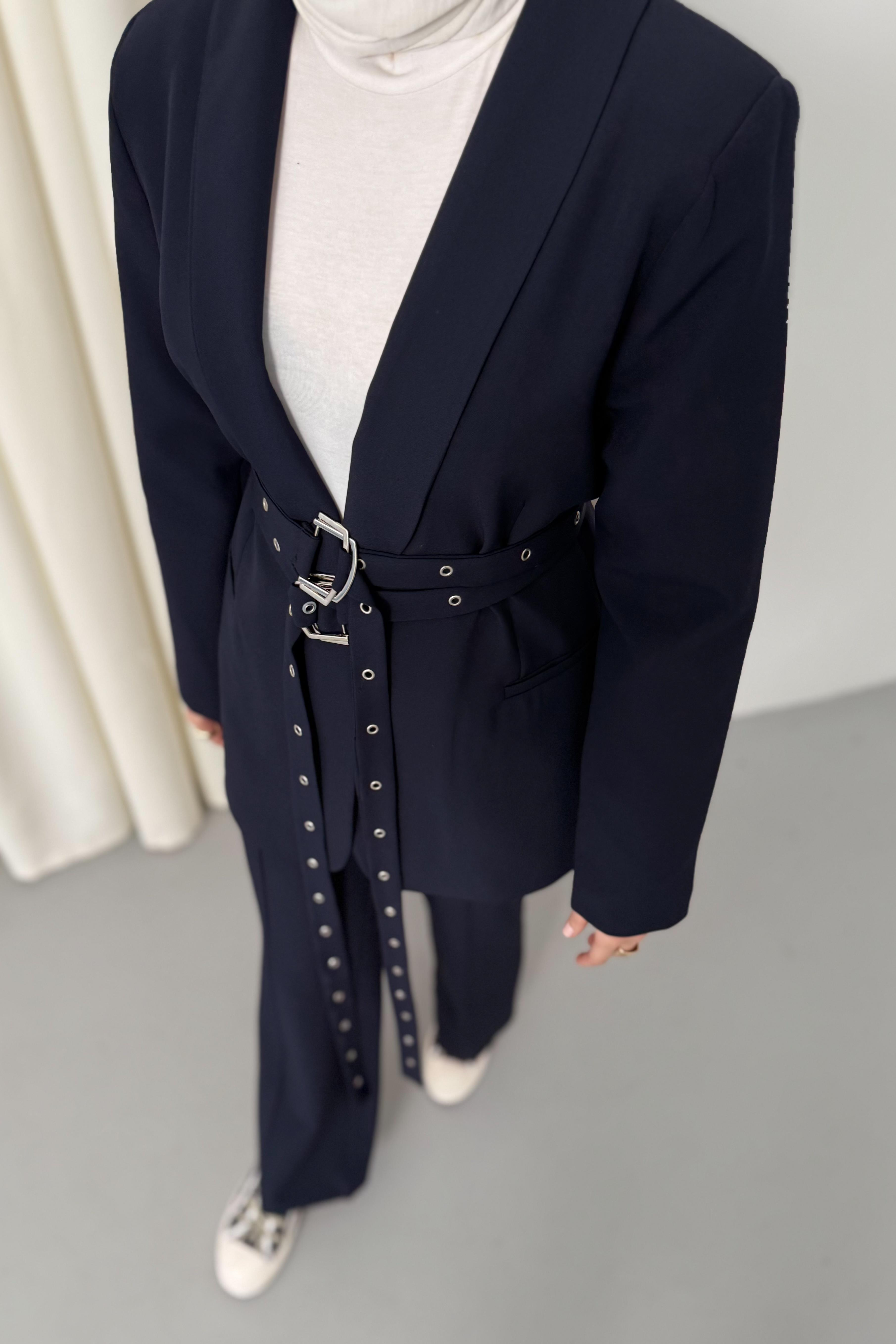 Çift Kemerli Blazer Takım - Lacivert