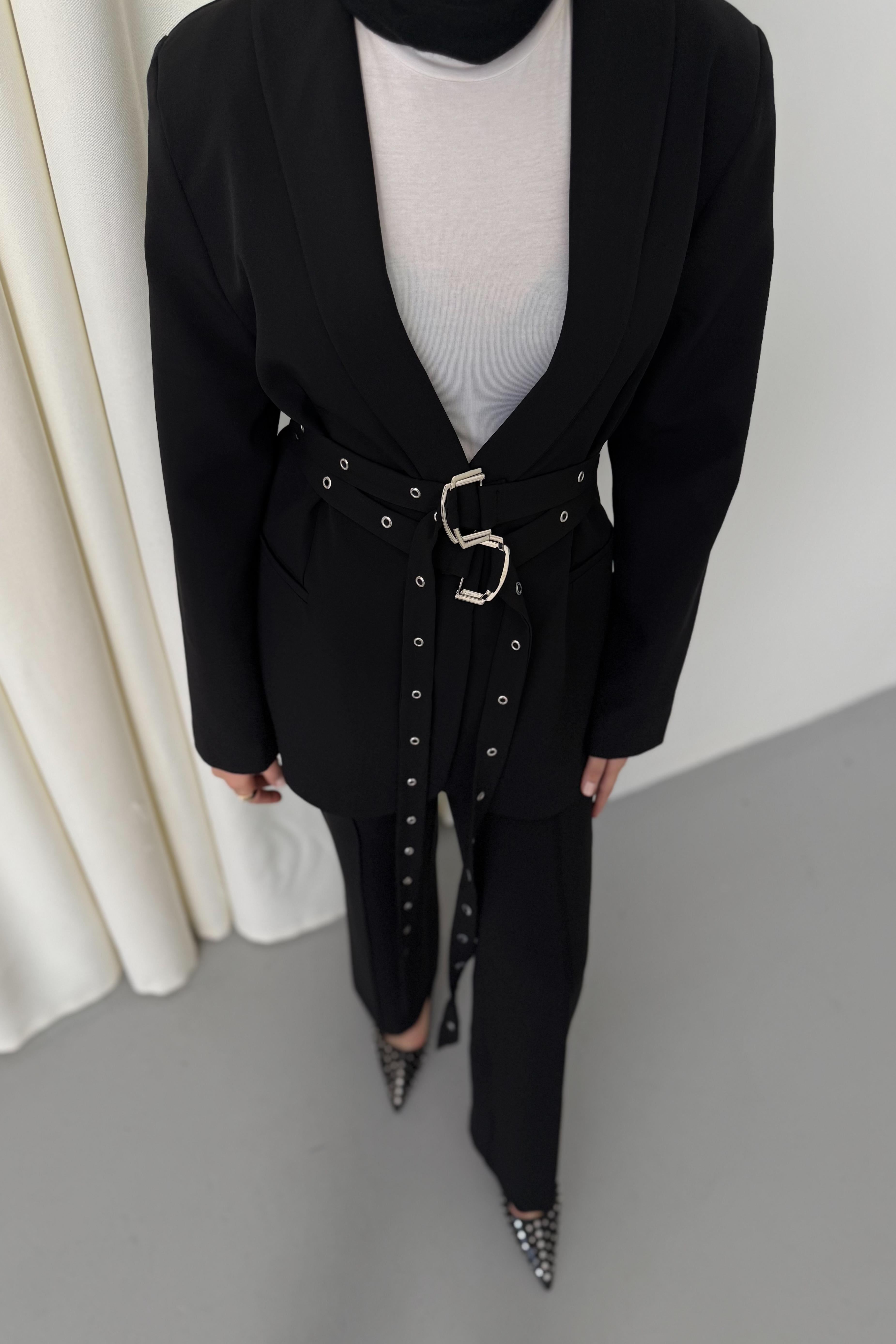 Çift Kemerli Blazer Takım - Siyah