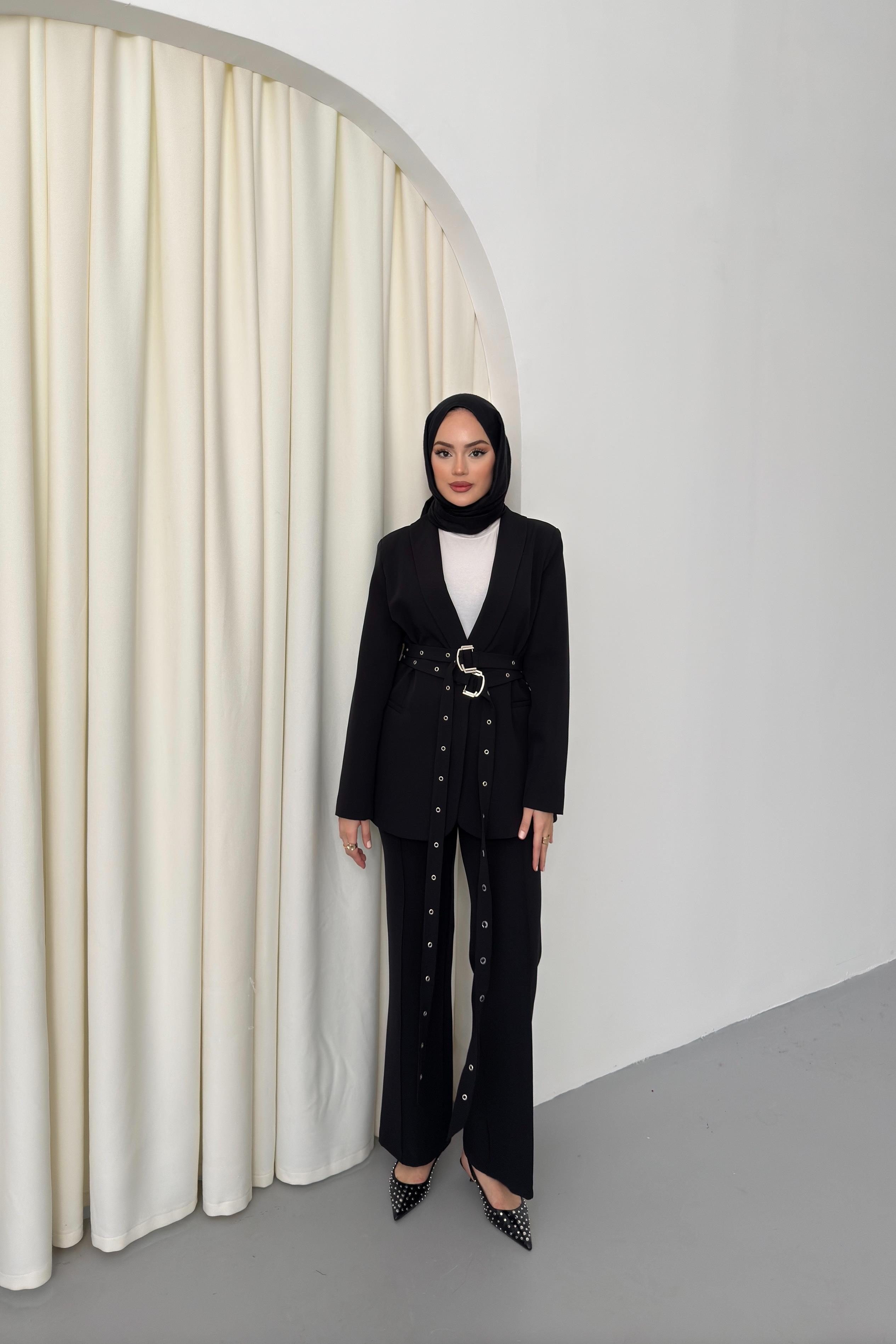 Çift Kemerli Blazer Takım - Siyah