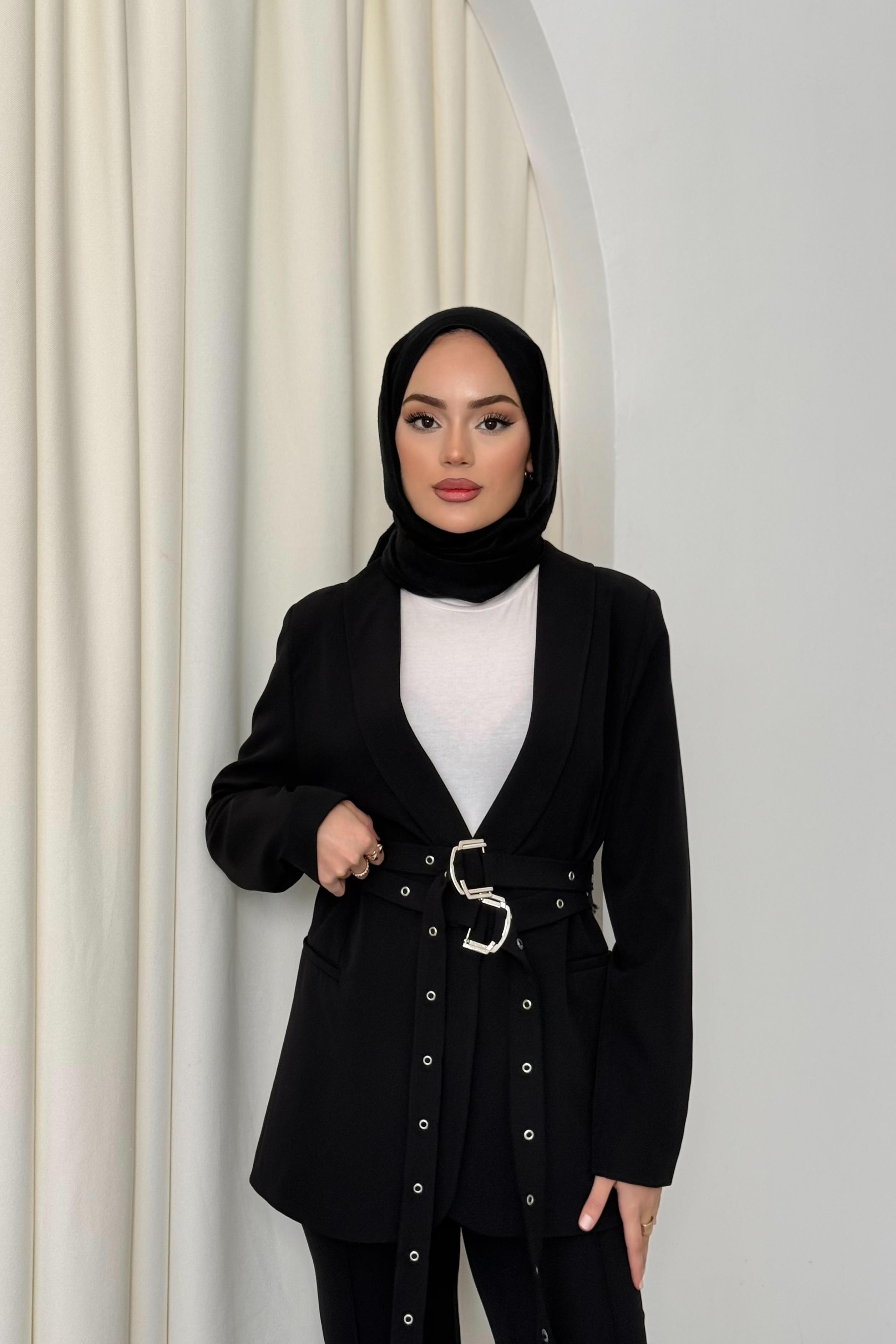 Çift Kemerli Blazer Takım - Siyah