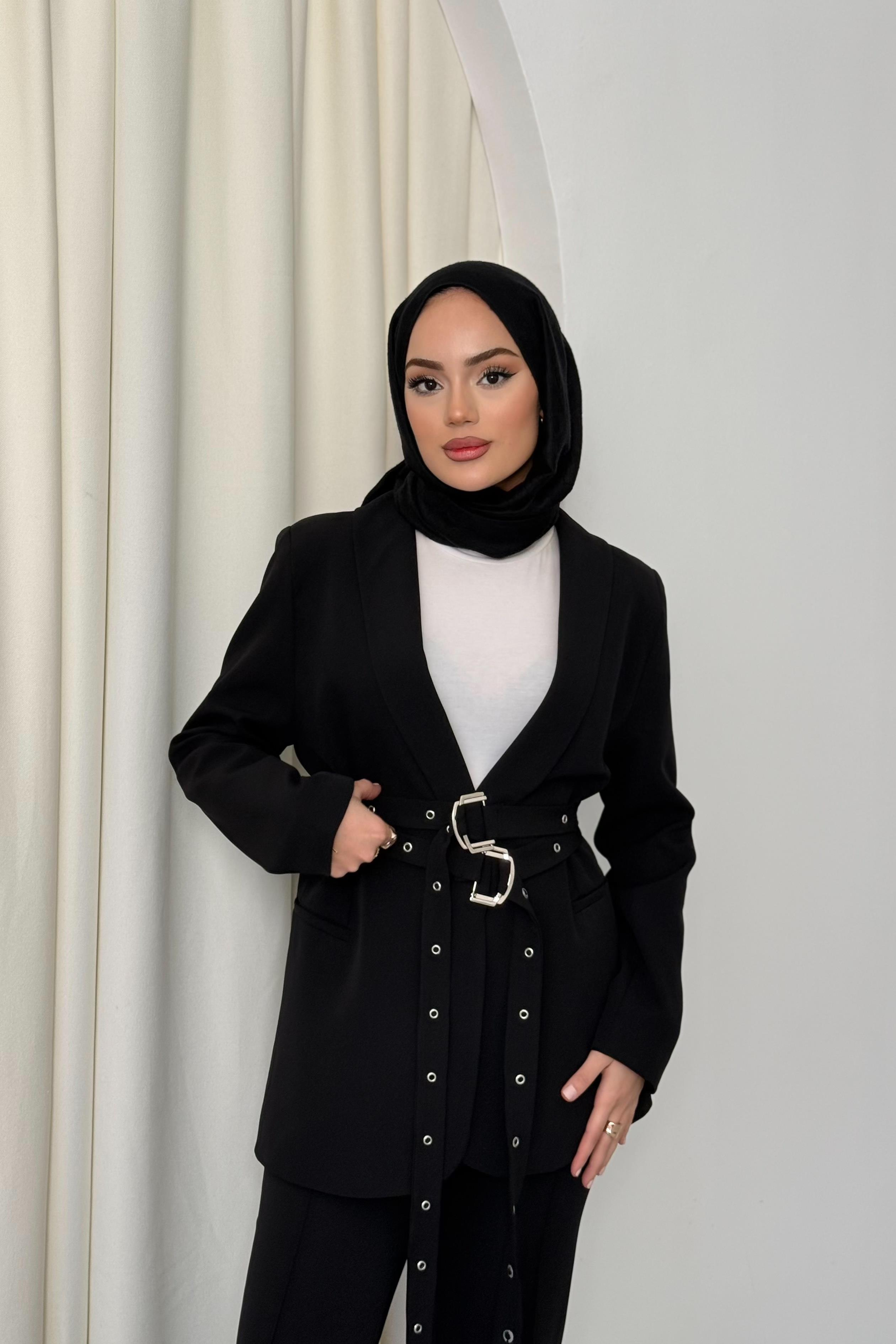 Çift Kemerli Blazer Takım - Siyah