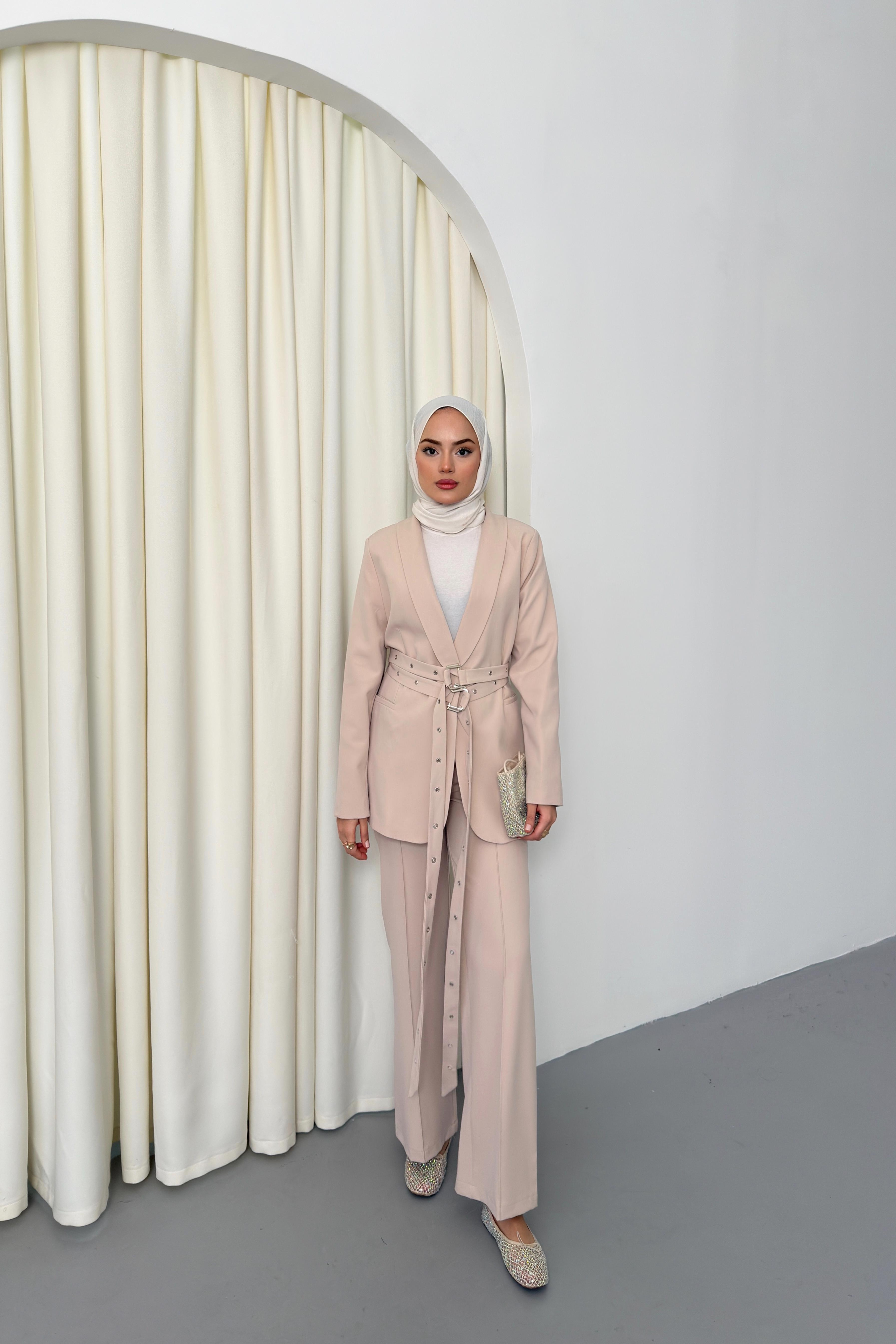 Çift Kemerli Blazer Takım - Taş