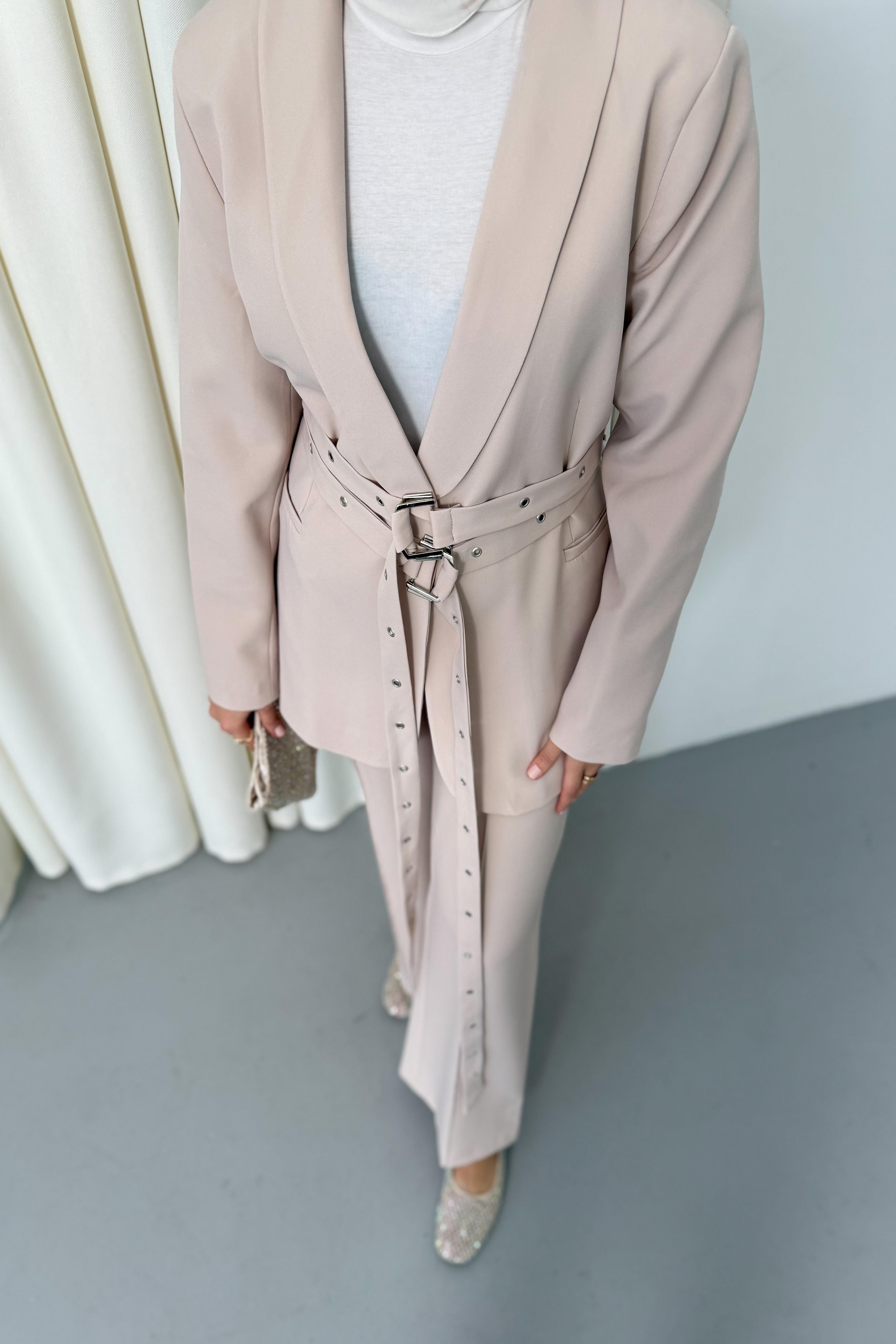 Çift Kemerli Blazer Takım - Taş