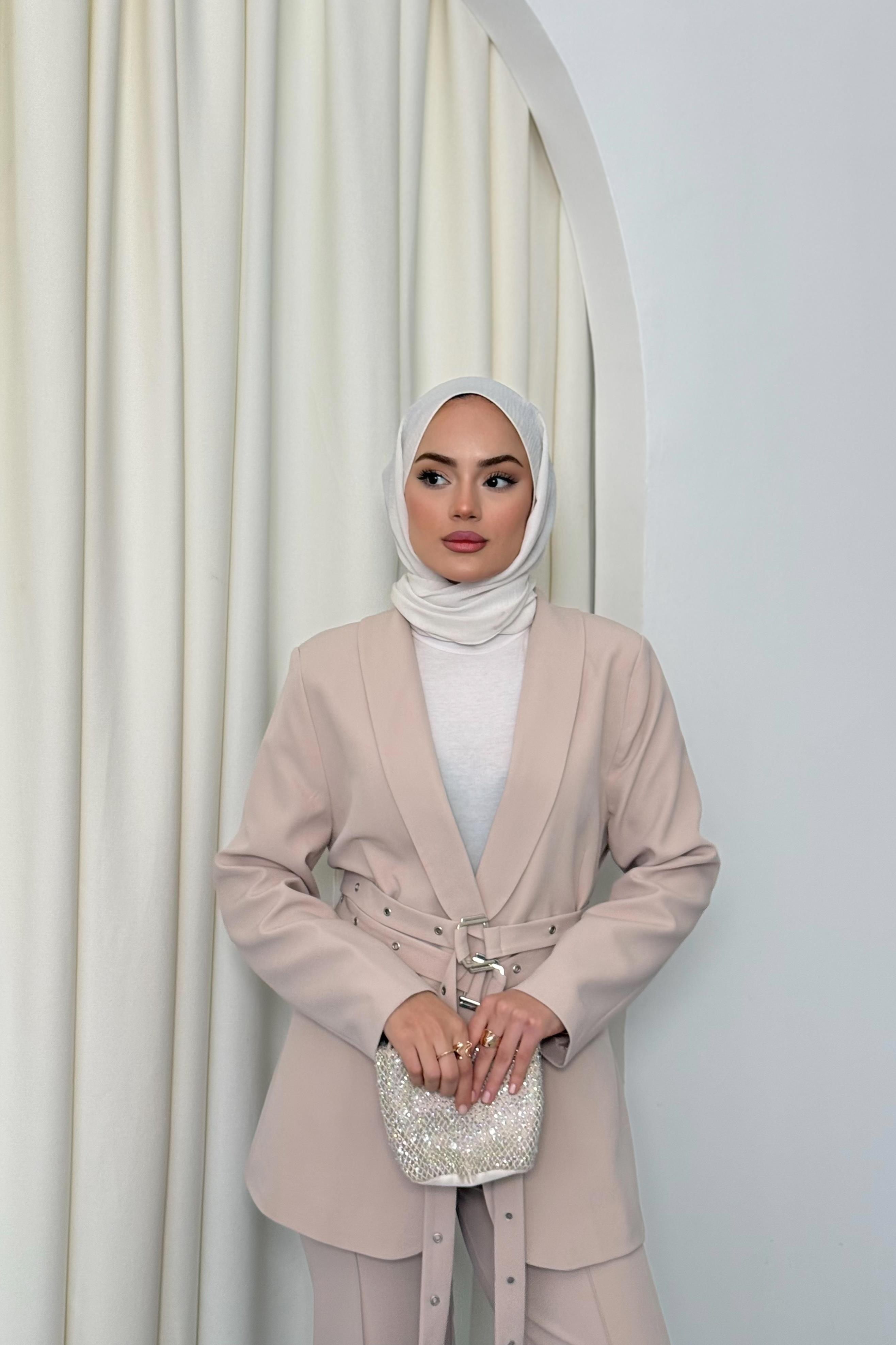 Çift Kemerli Blazer Takım - Taş