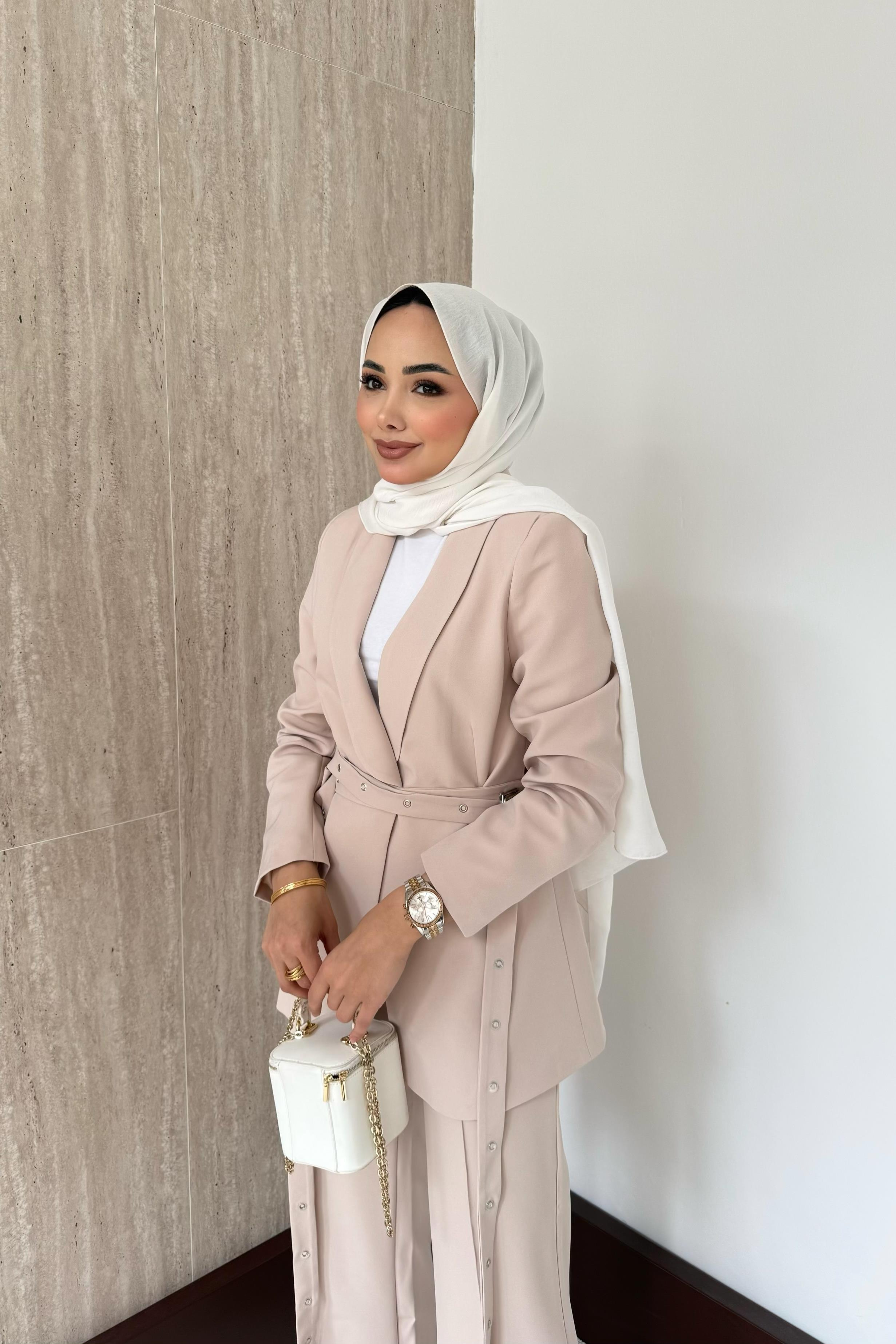 Çift Kemerli Blazer Takım - Taş