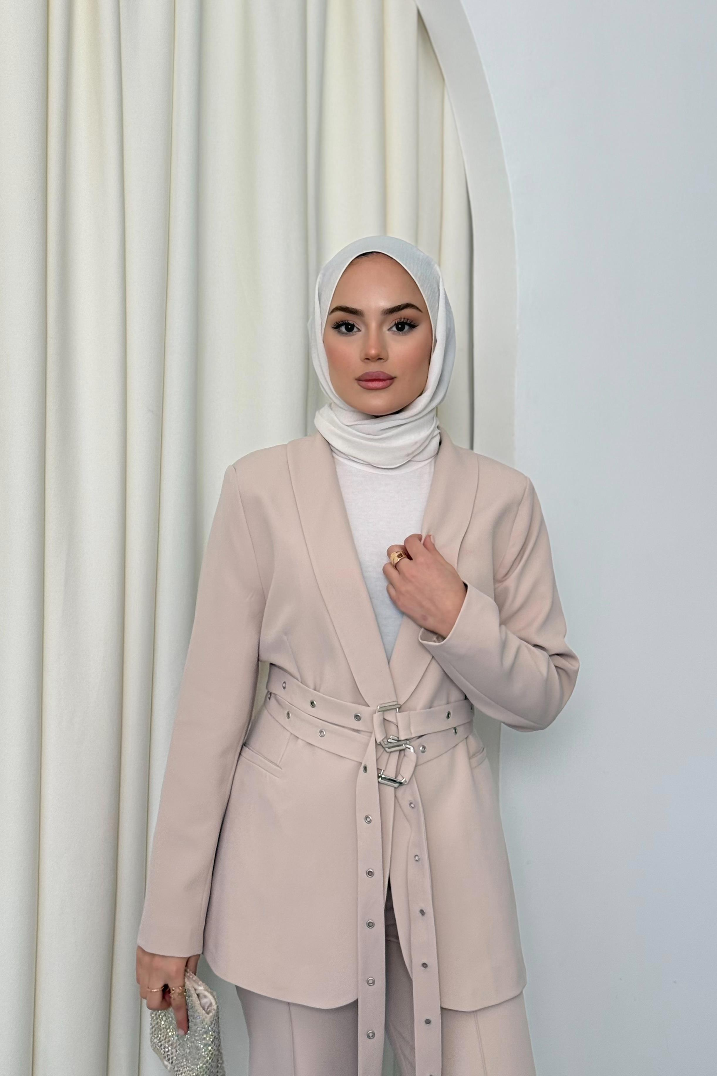 Çift Kemerli Blazer Takım - Taş