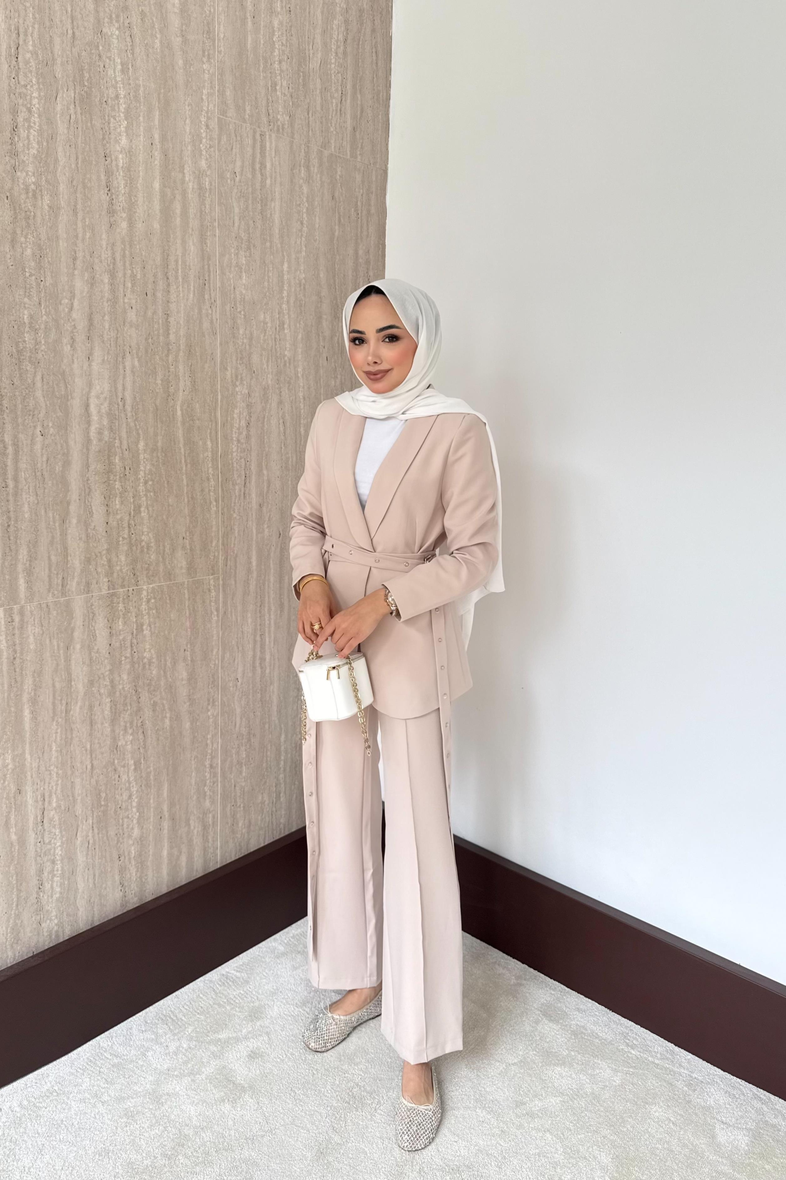 Çift Kemerli Blazer Takım - Taş