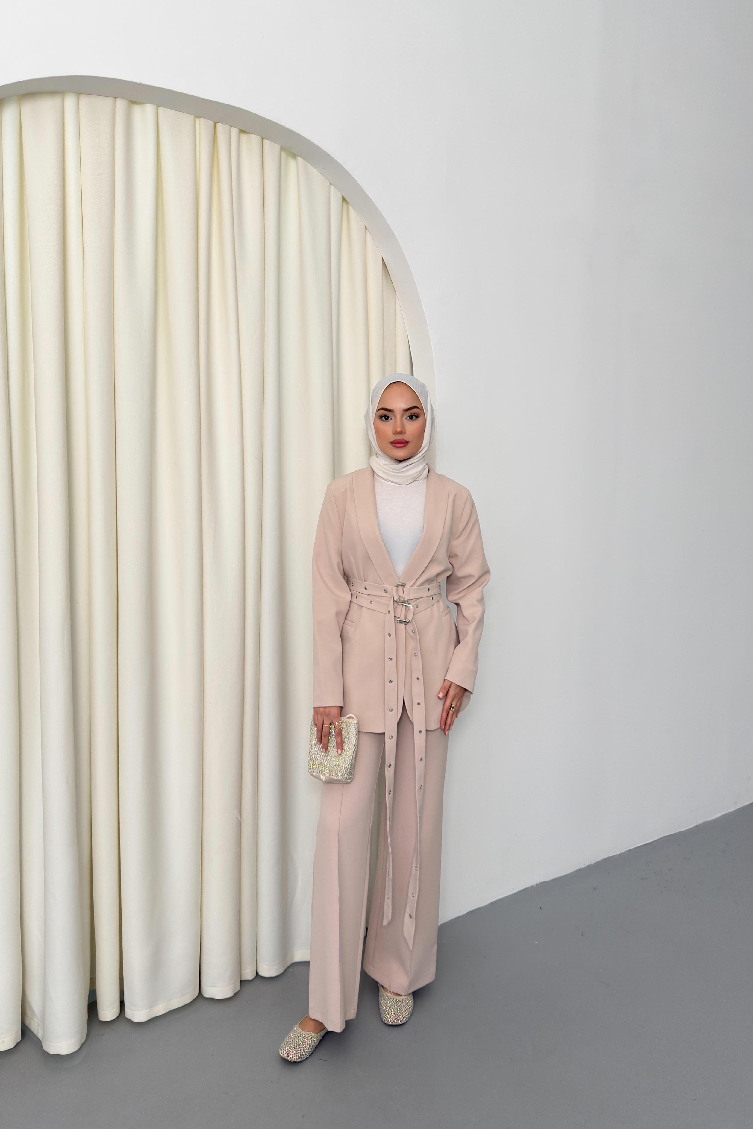 Çift Kemerli Blazer Takım - Taş