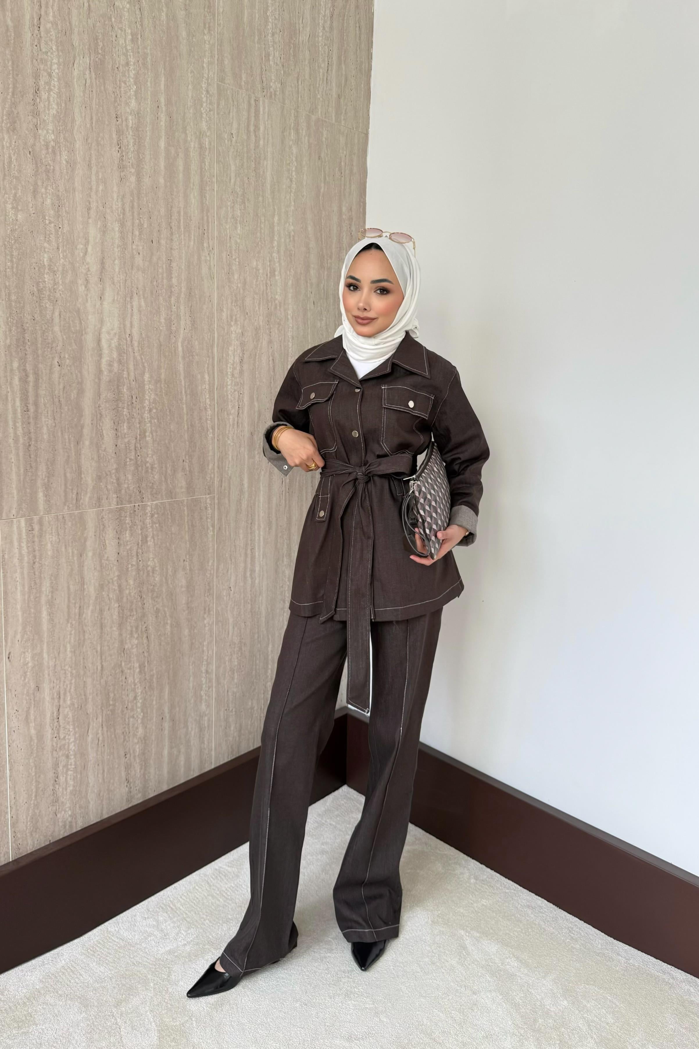 Çıt Çıt Düğmeli Kot Pantolonlu Takım - Kahve