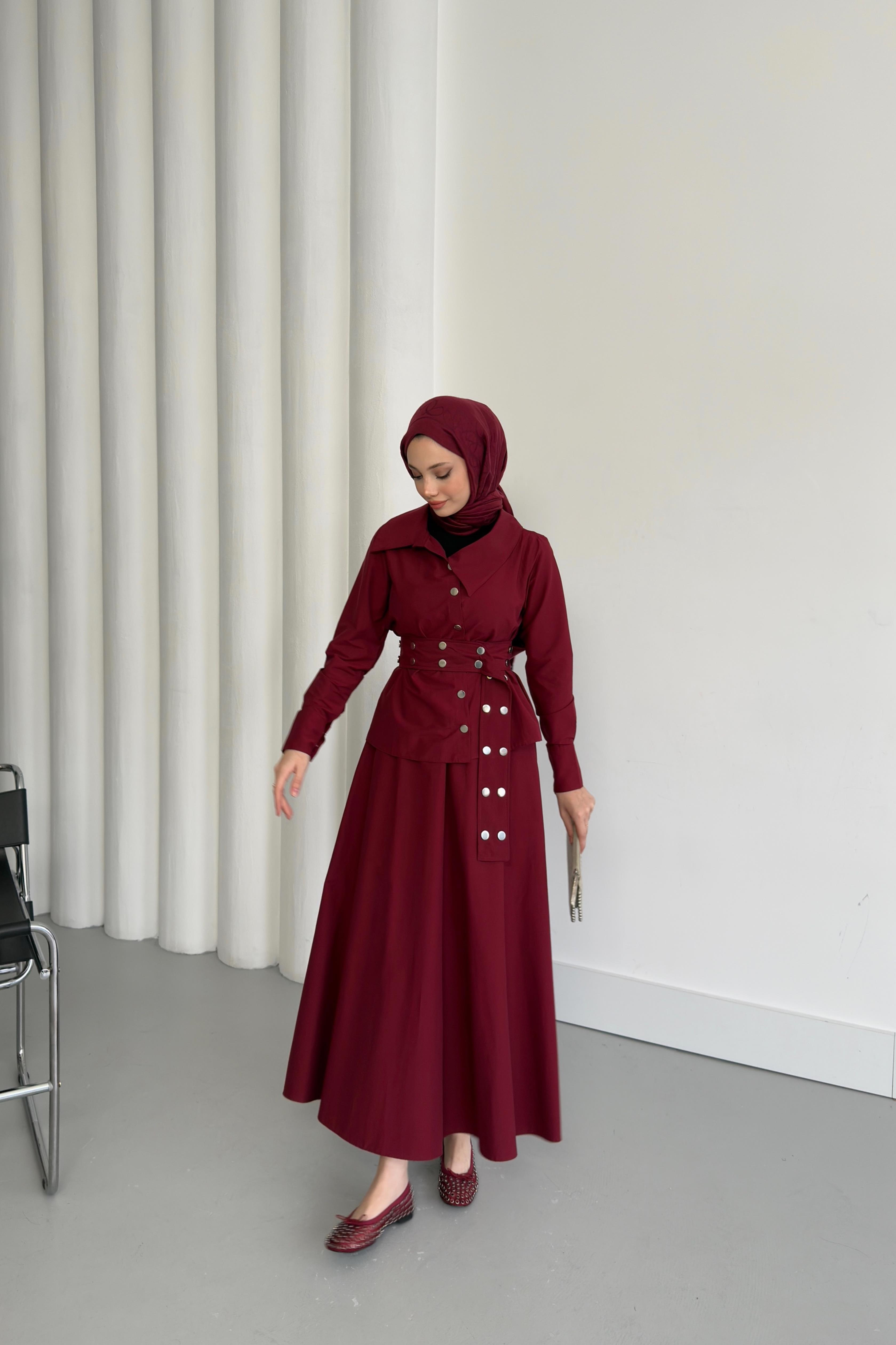 Çıt Çıt Kemerli Etekli Takım - Bordo