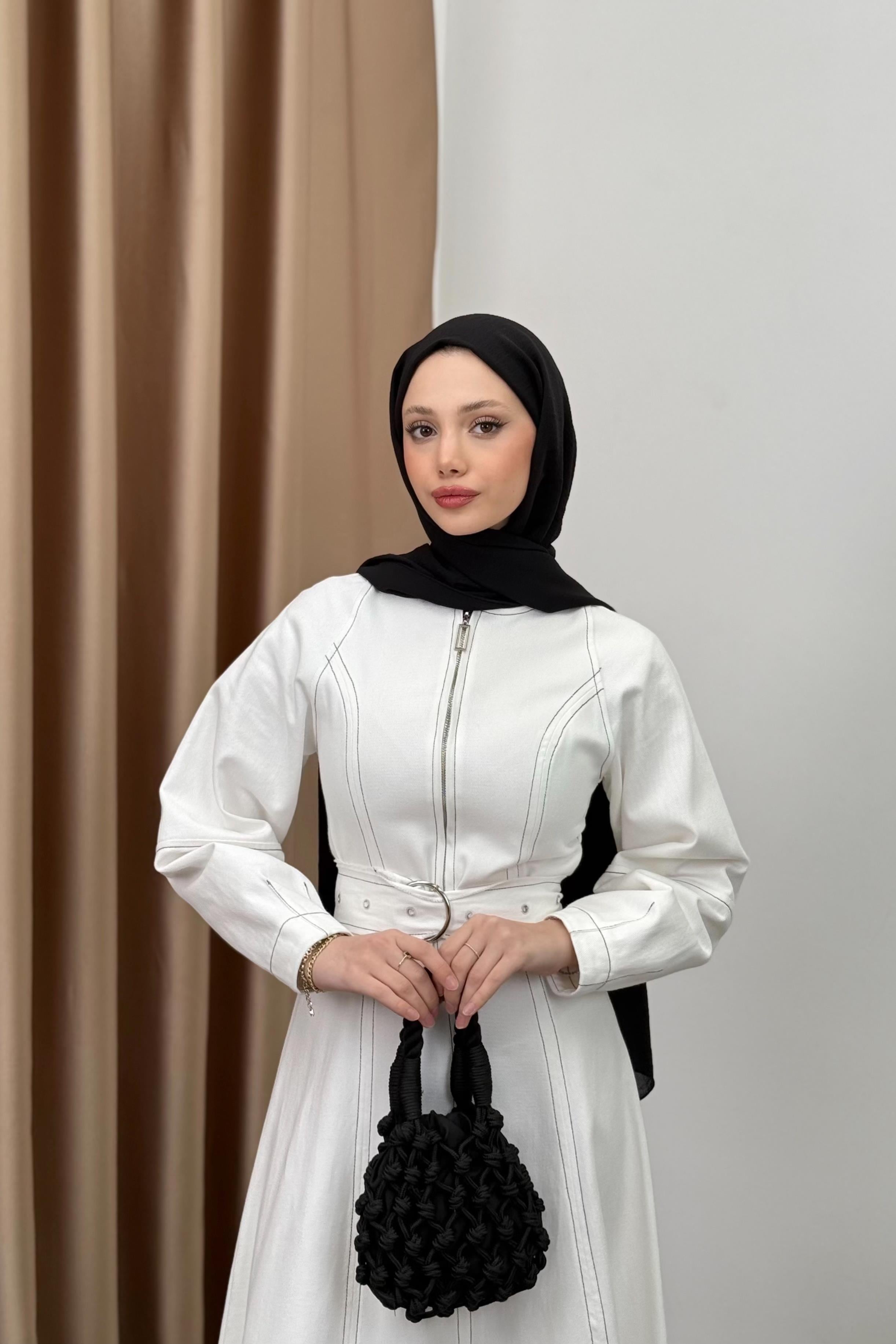 Çizgili Gabardin Elbise - Beyaz