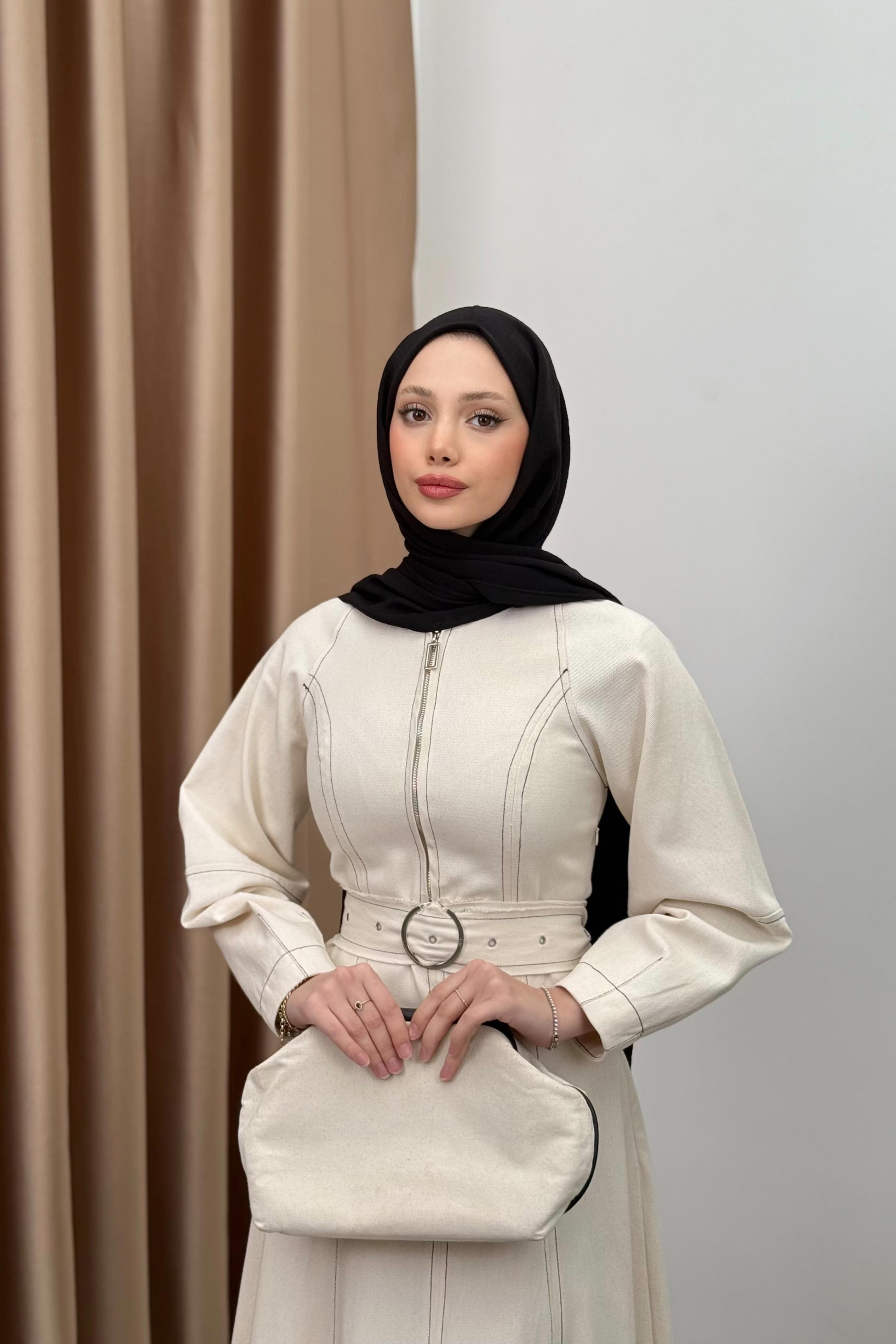 Çizgili Gabardin Elbise - Ekru