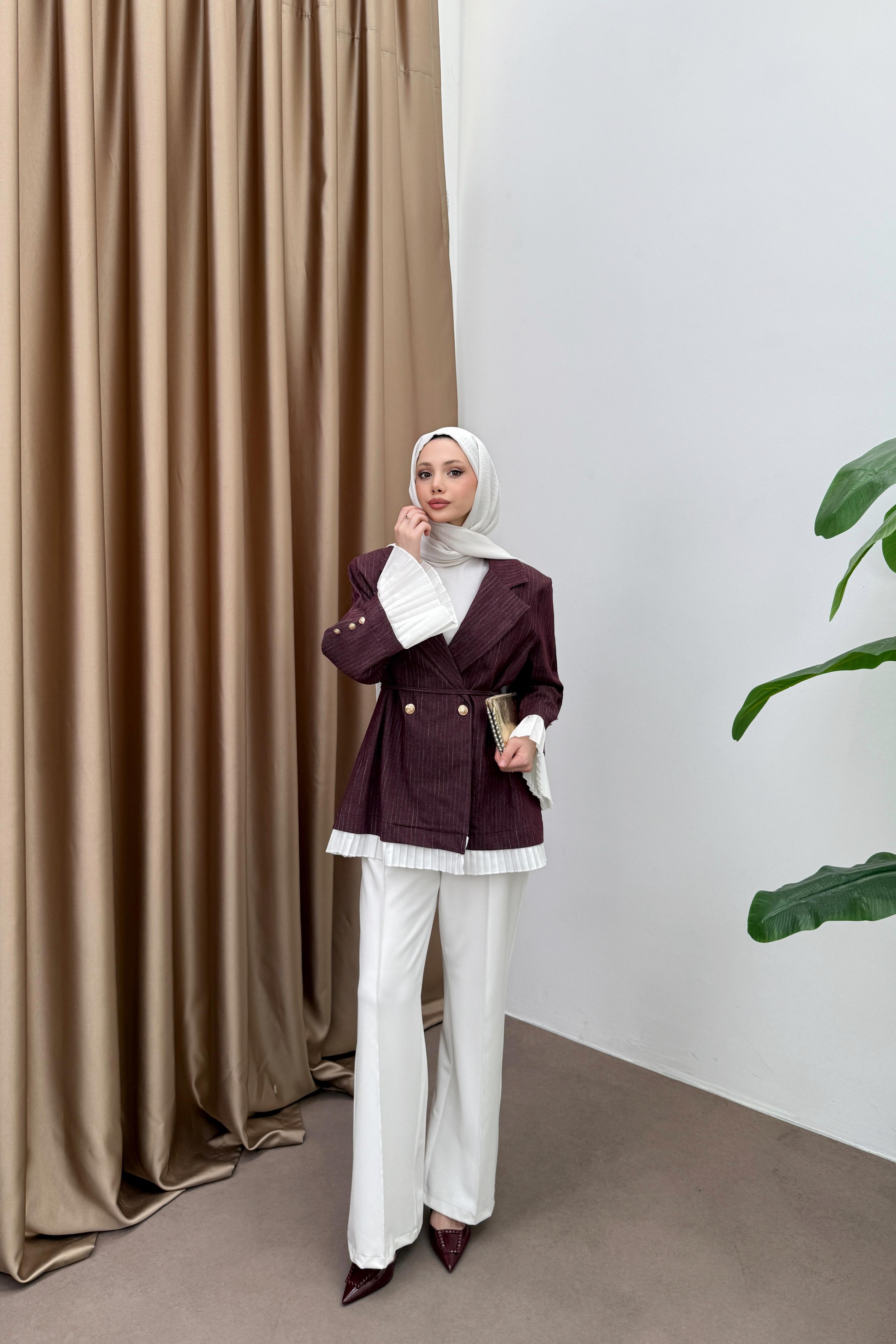 Çizgili Garnili Premium Ceket - Bordo