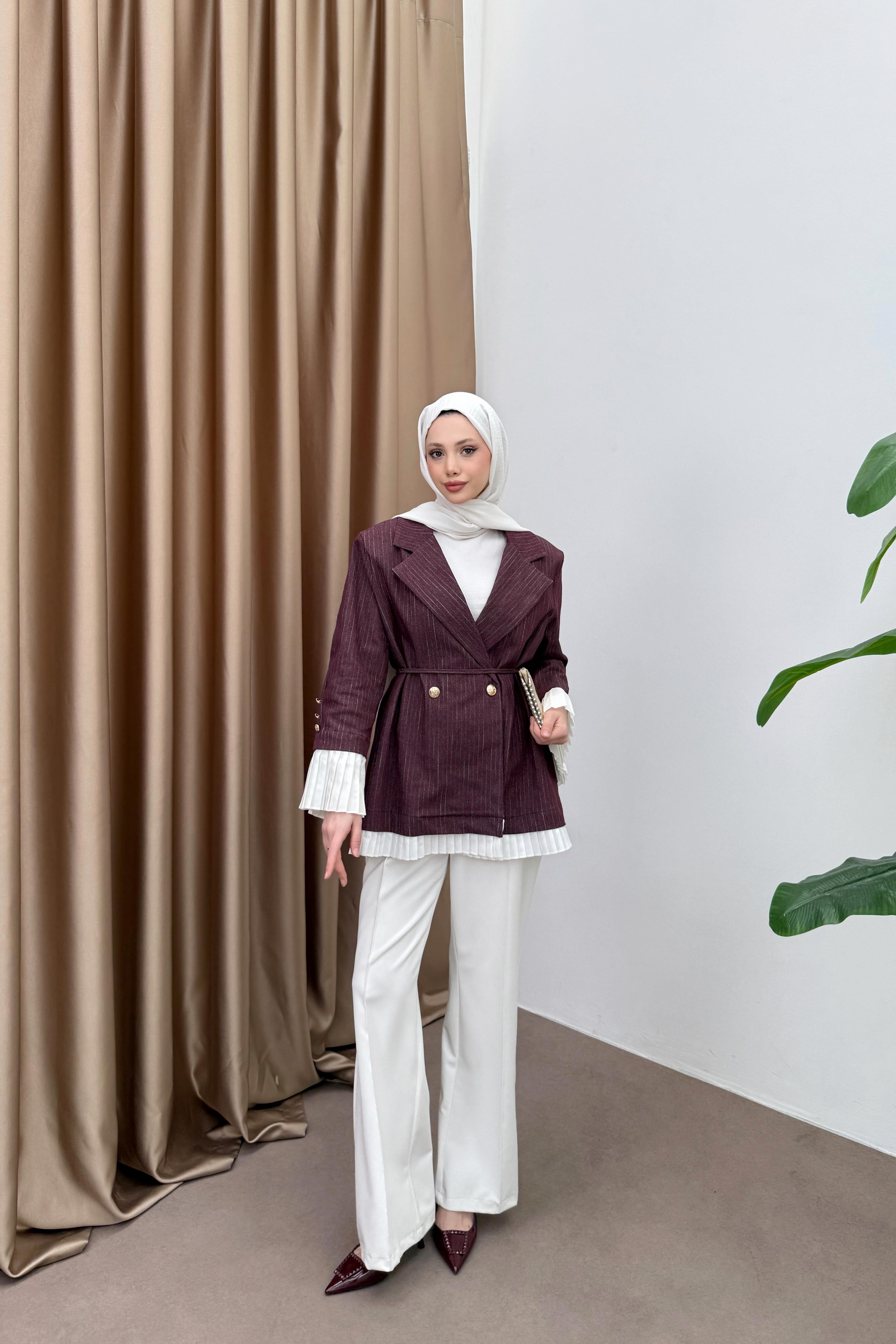 Çizgili Garnili Premium Ceket - Bordo