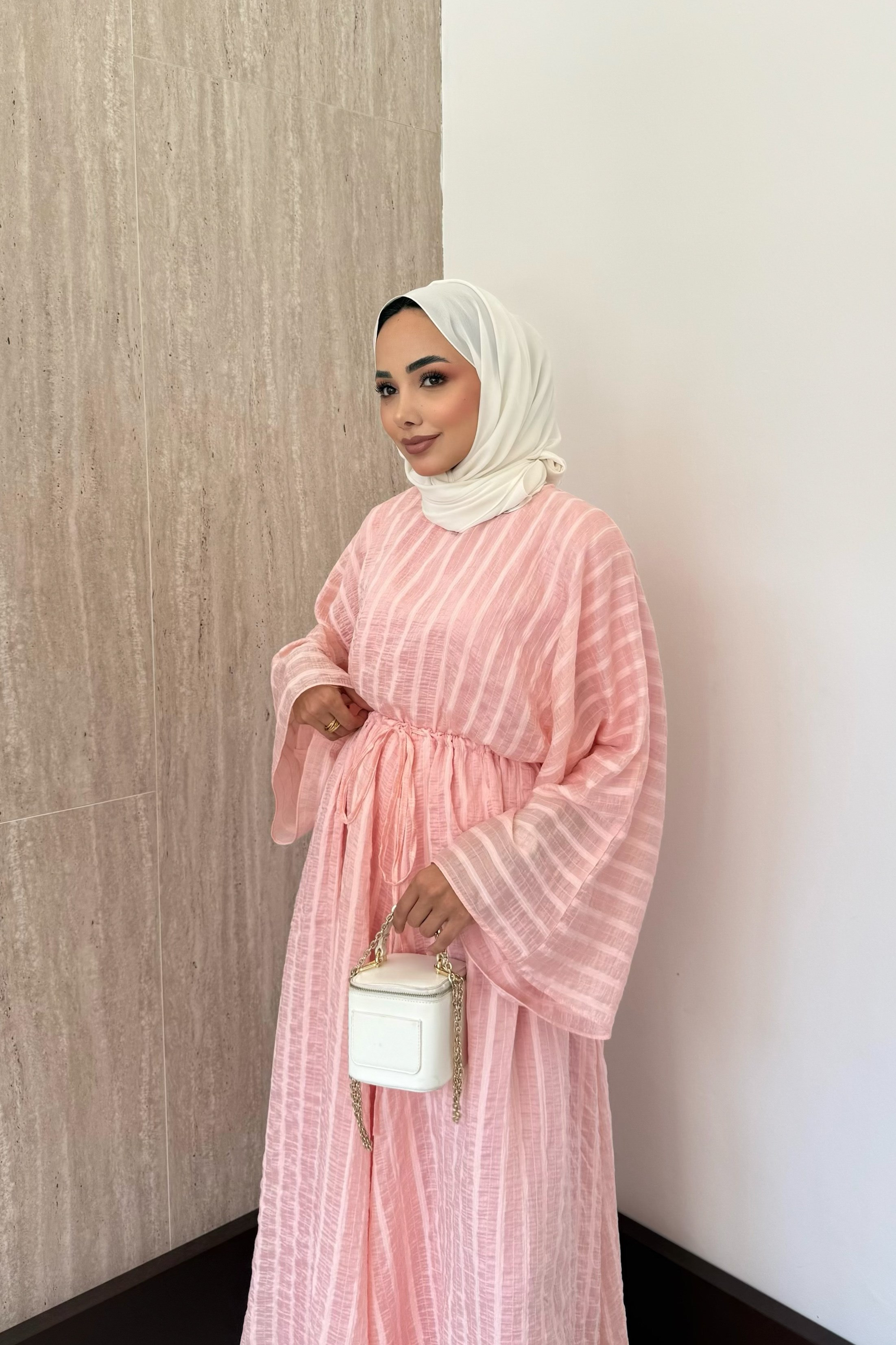 Çizgili Vual Pantolonlu Takım - Pembe