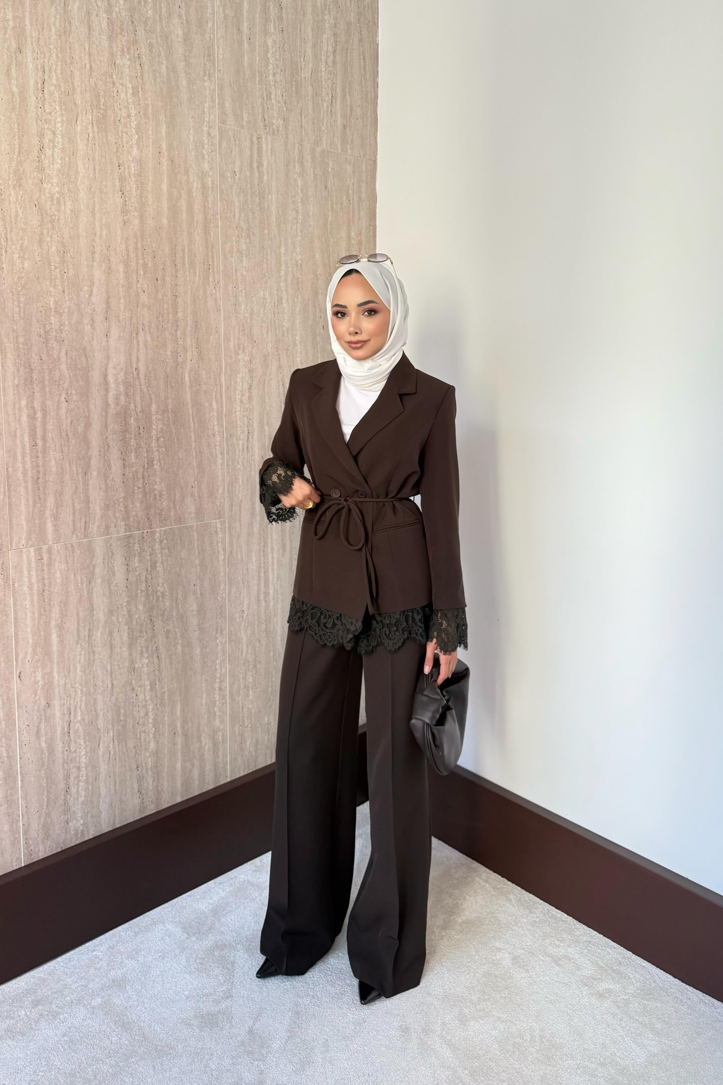 Dantelli Blazer Ceketli Pantolonlu Takım - Kahve